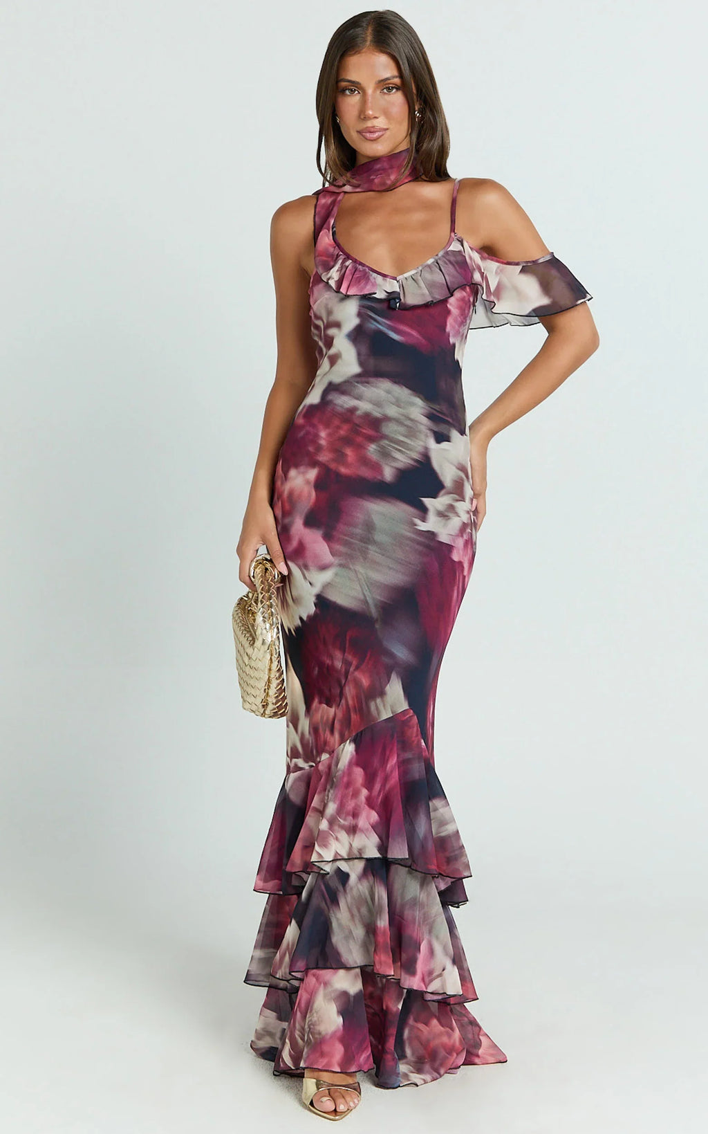 Riley Maxi Dress - Asymmetric Ruffle Detail Maxi Dress in Mariache Rose