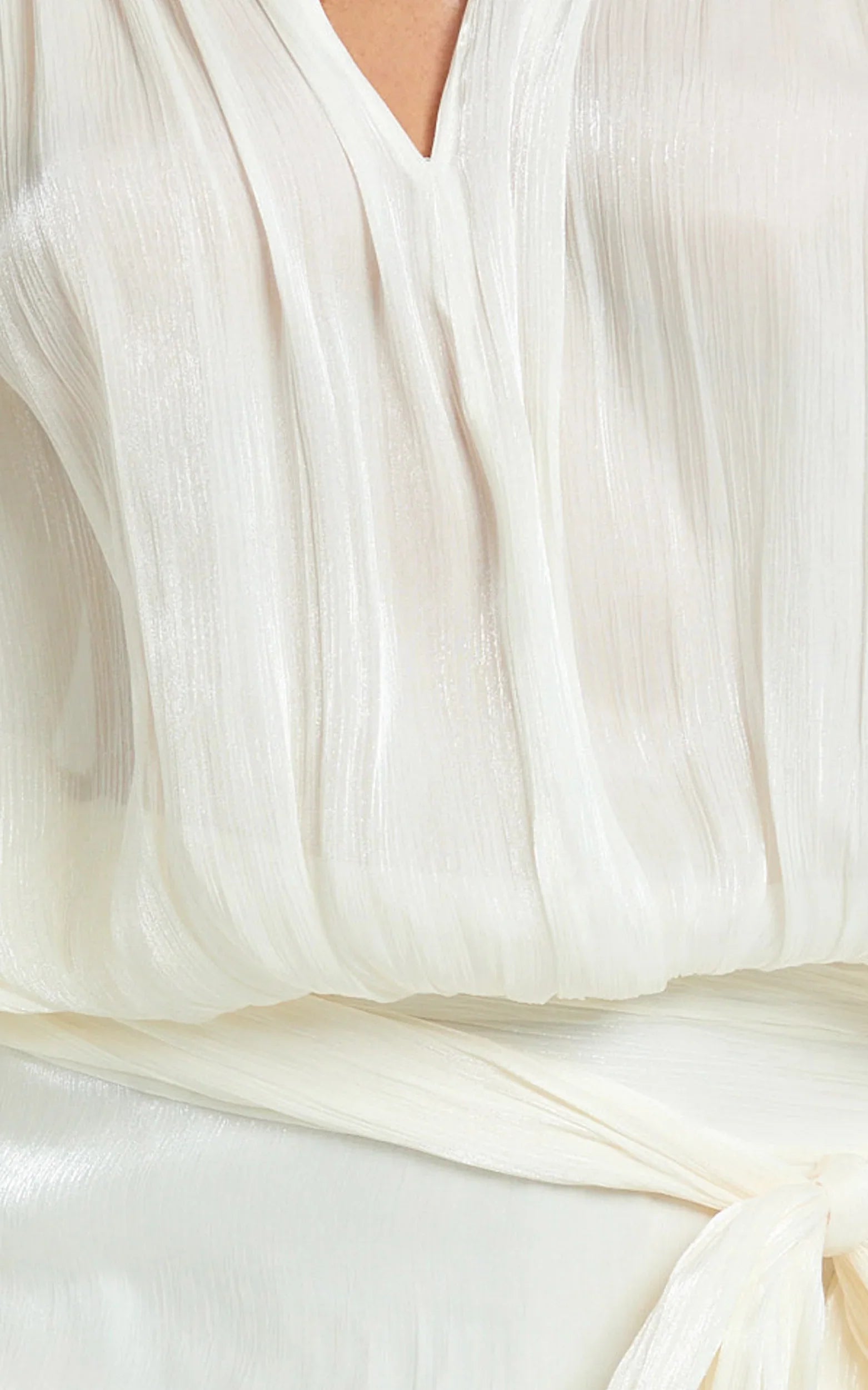 Carmela Mini Dress - Long Sleeve Tie Neck Ruffle Skirt Dress in Off White