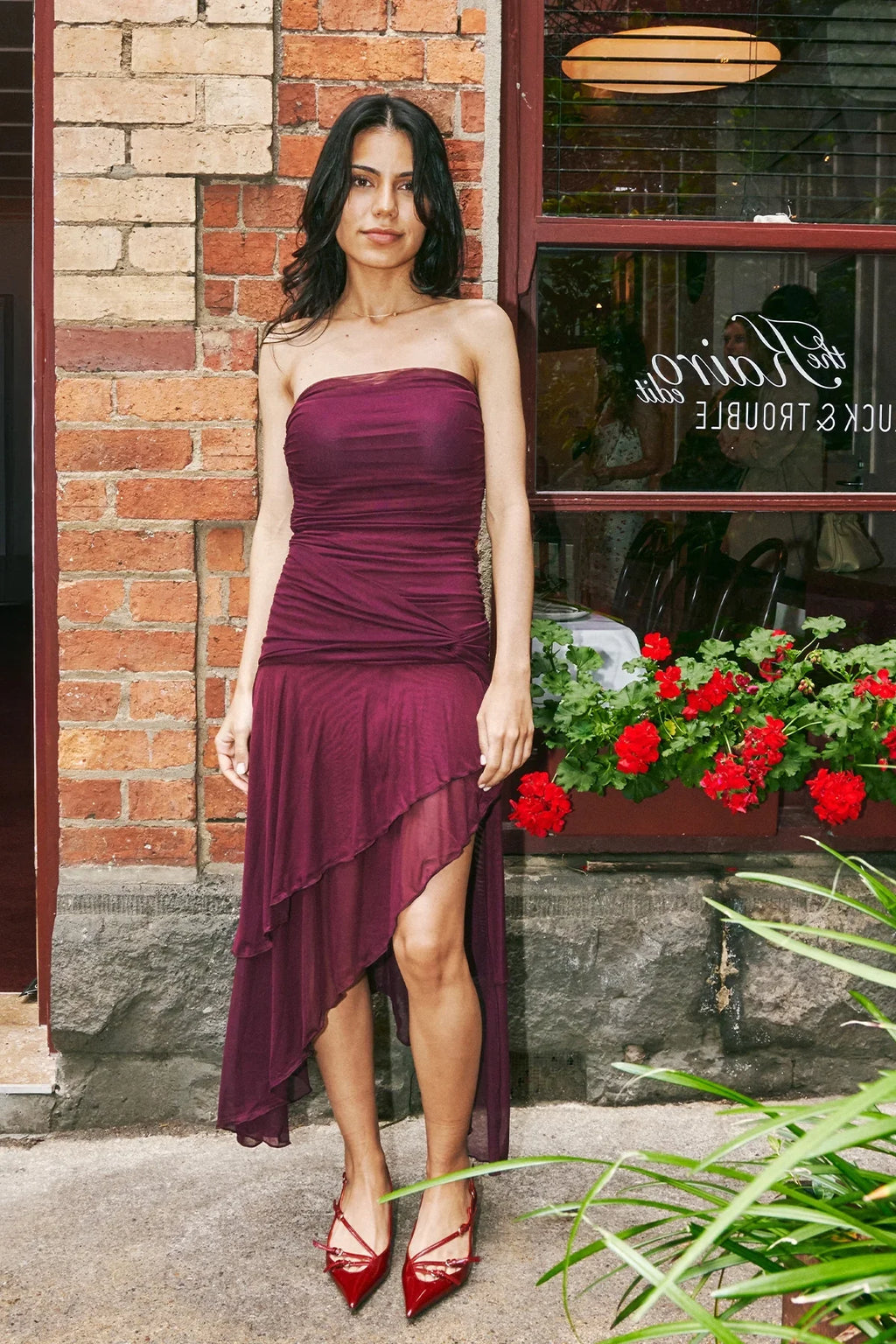 Luck & Trouble Malia Strapless Asymmetrical Midi Dress Plum