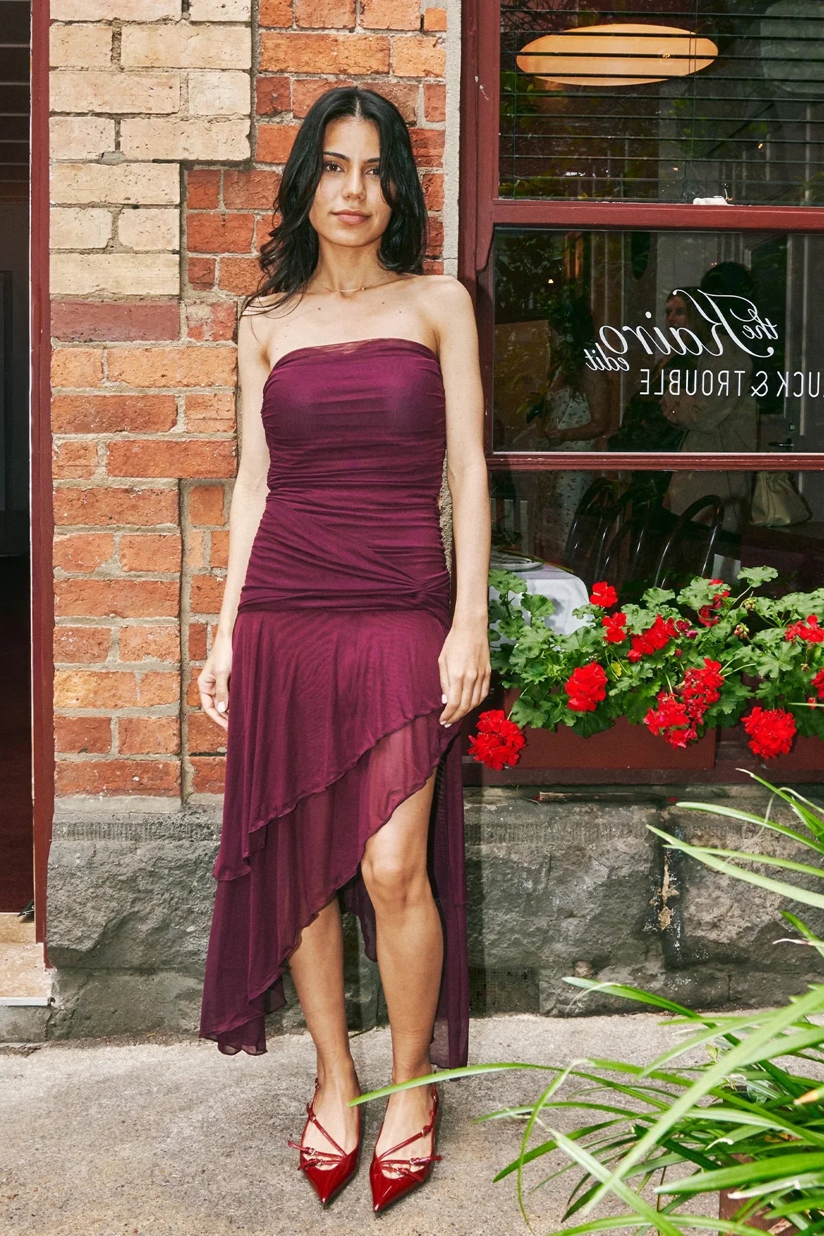 Luck & Trouble Malia Strapless Asymmetrical Midi Dress Plum