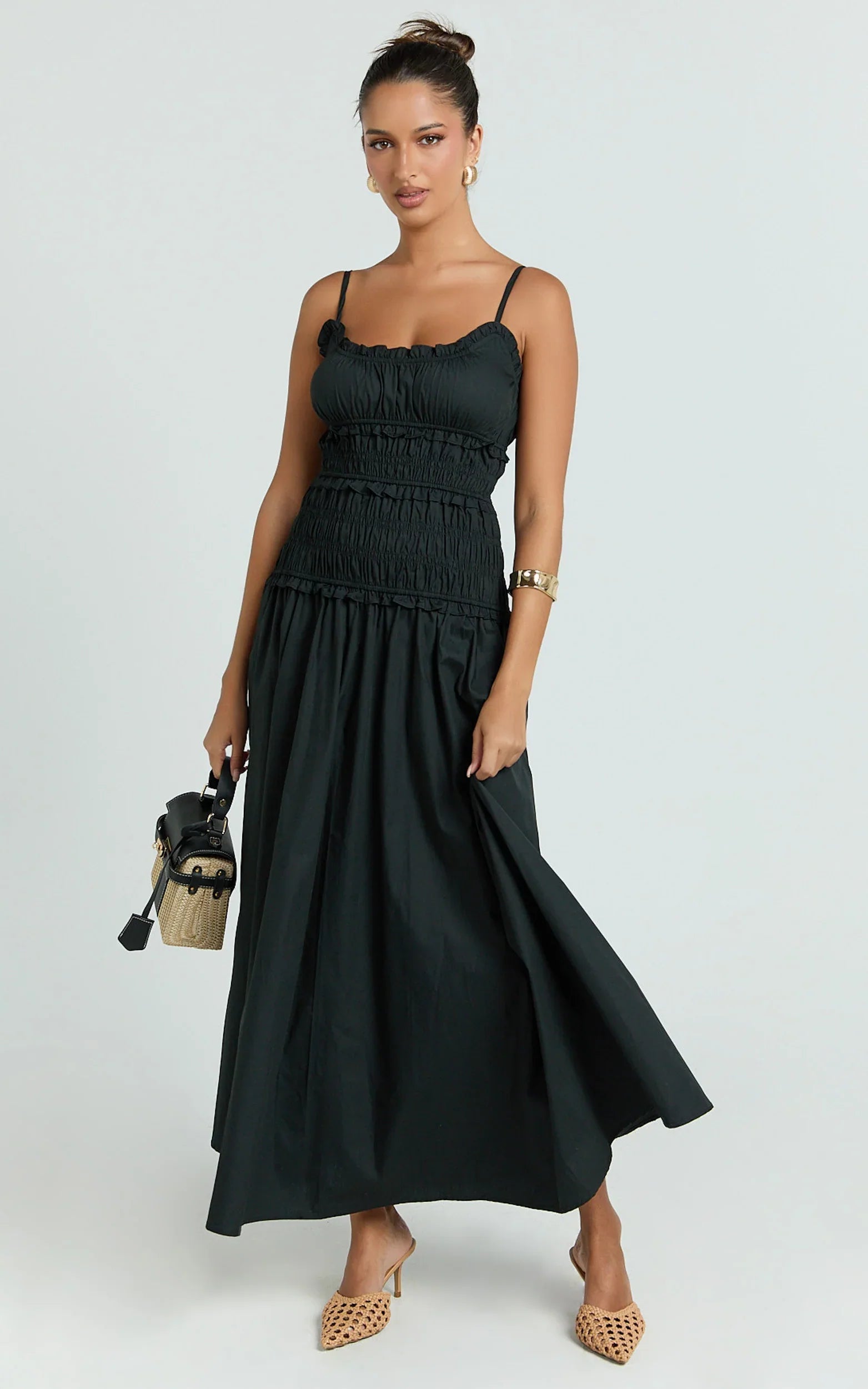 Cami Midi Dress - Rushed Bodice Dress in Black