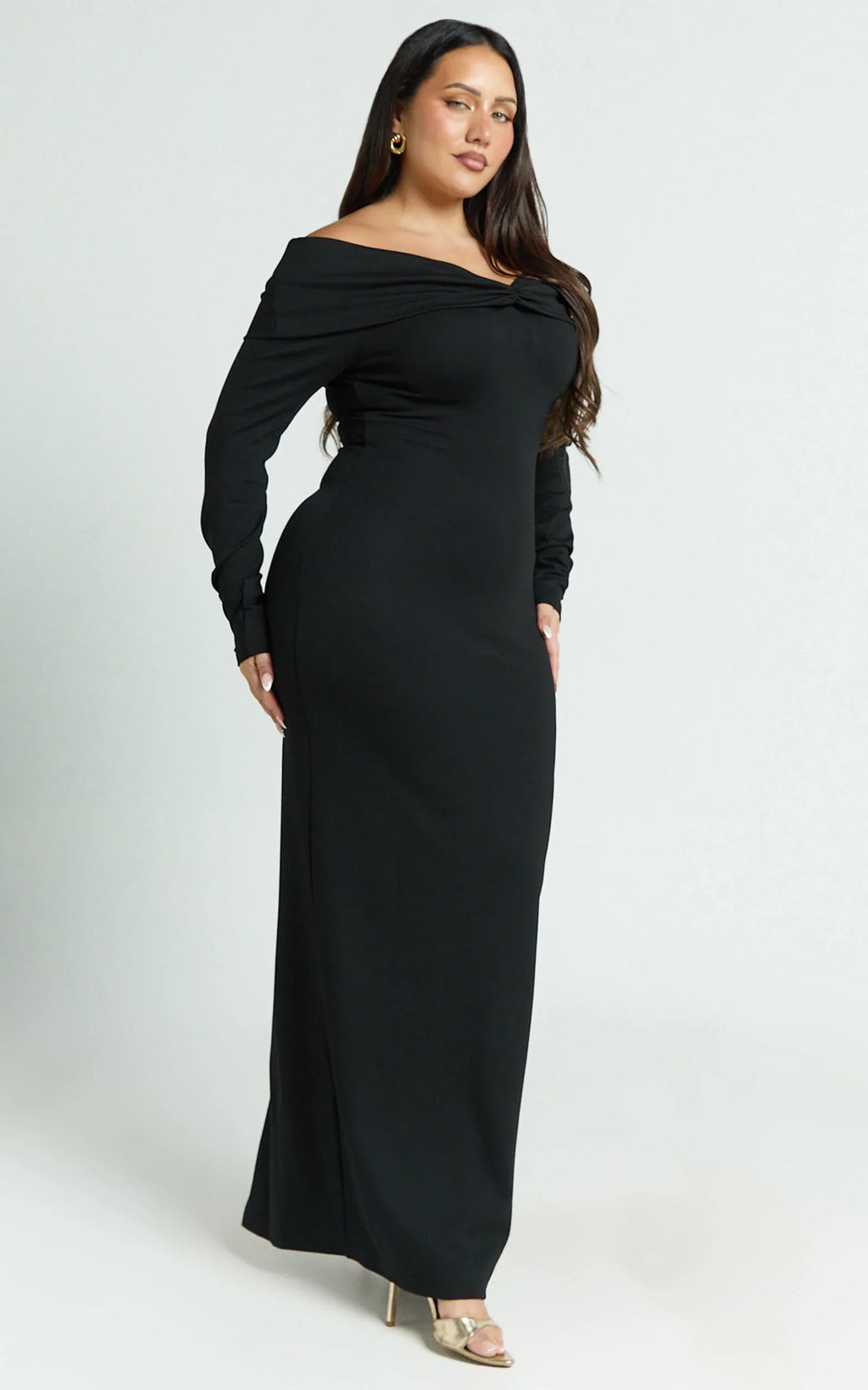 Rani Maxi Dress - Off Shoulder Long Sleeve Bodycon Dress in Black