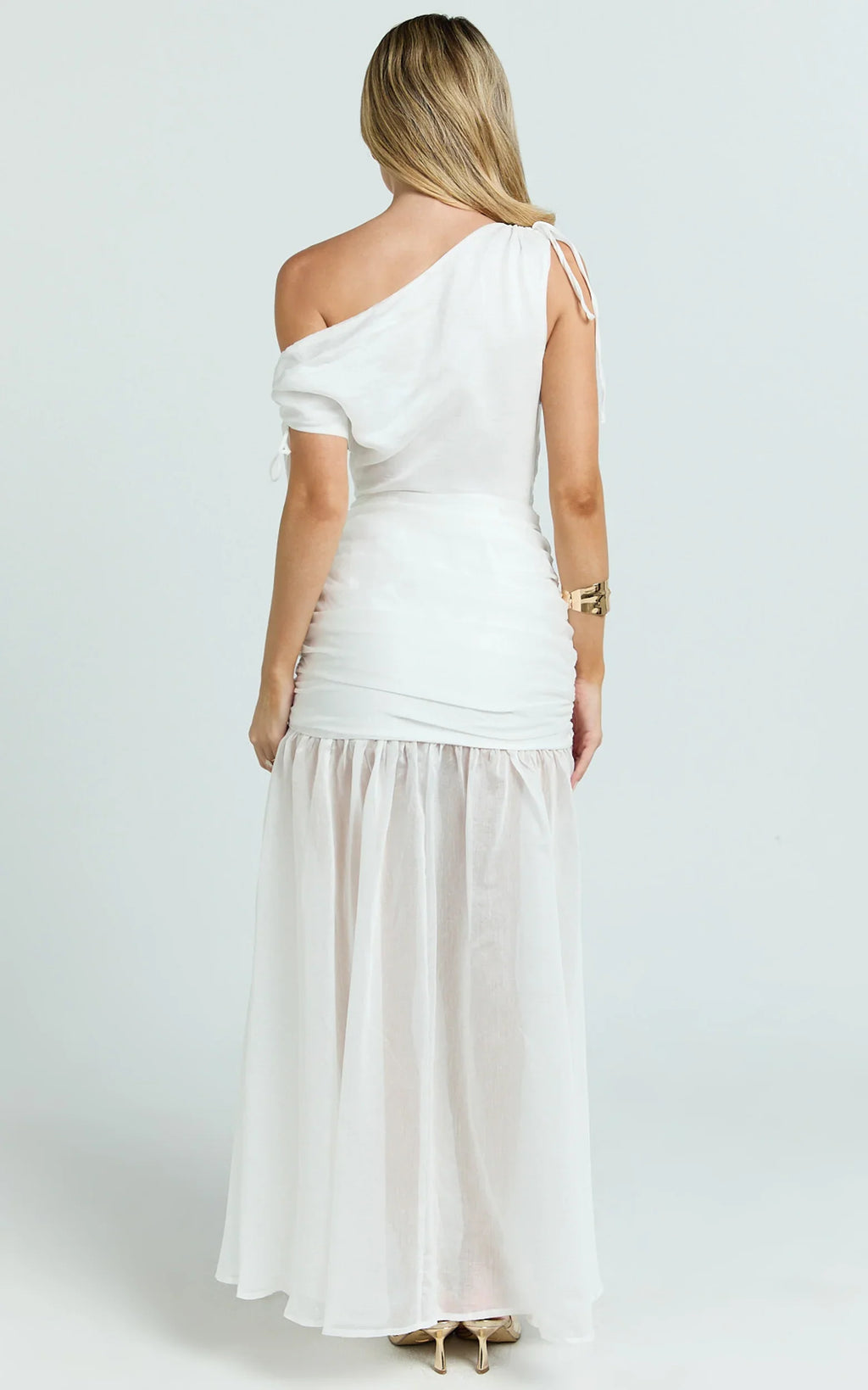 Mackenzie Midi Dress - Tipped Shoulder Drop Waist Full Gathered Skirt Dress in White