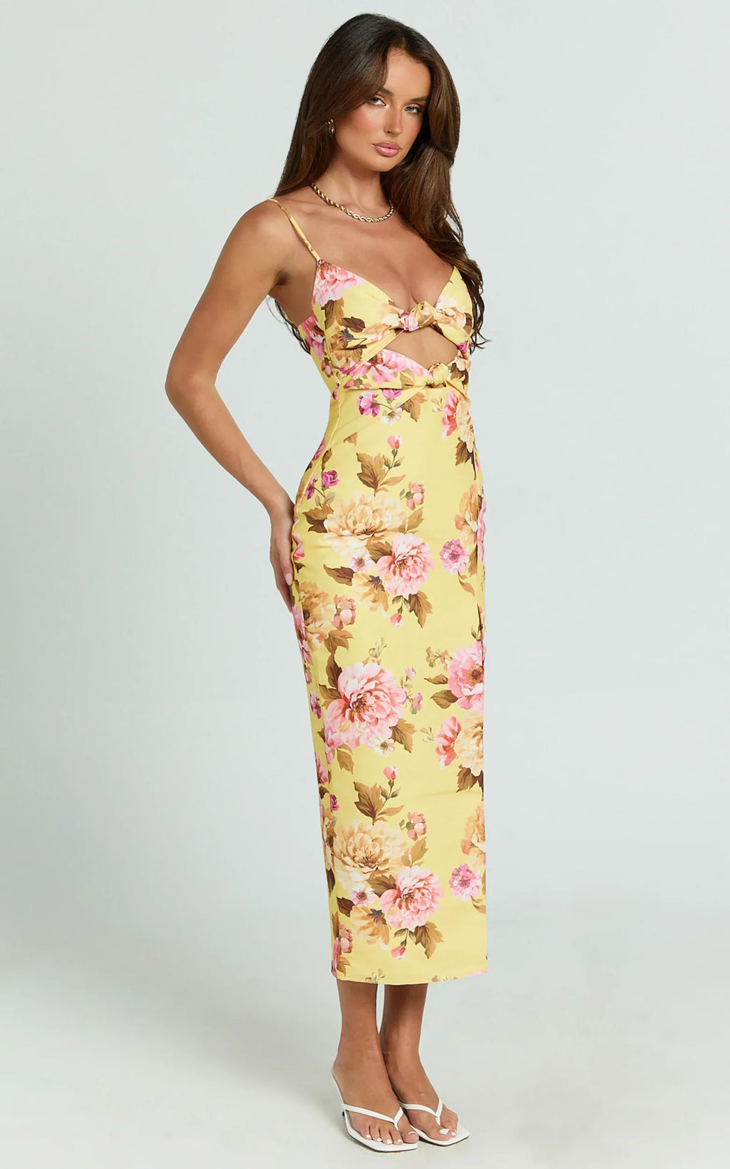 Janice Midi Dress - Knot Detail Front Split Dress in Sunshine Floral