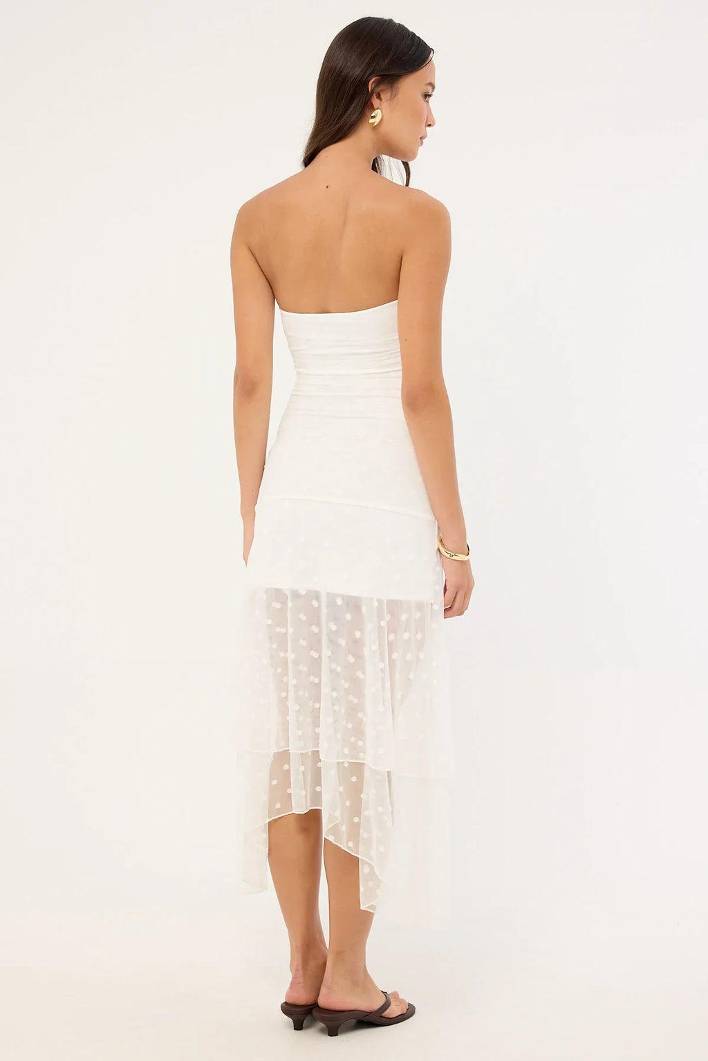 Luck & Trouble Malia Polka Strapless Asymmetrical Midi Dress White