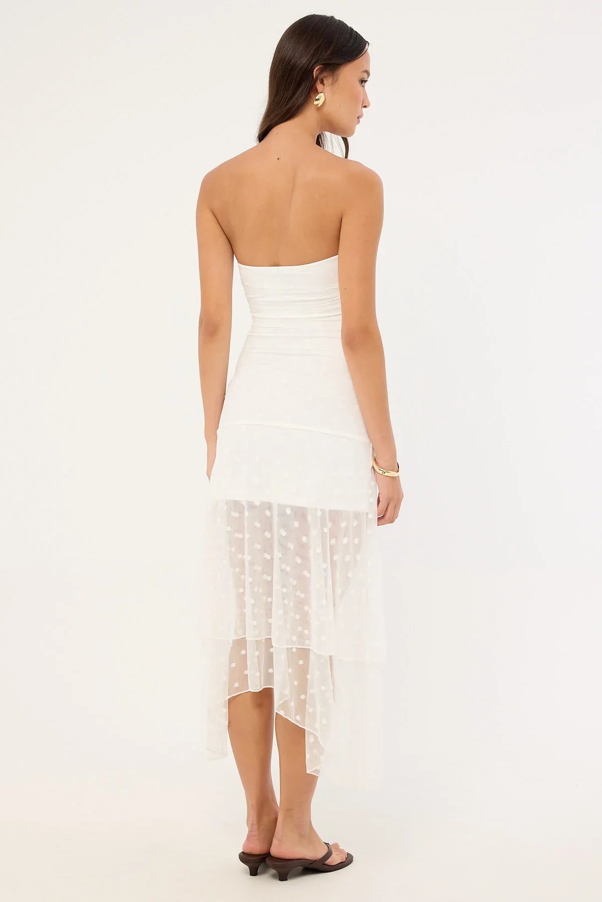 Luck & Trouble Malia Polka Strapless Asymmetrical Midi Dress White