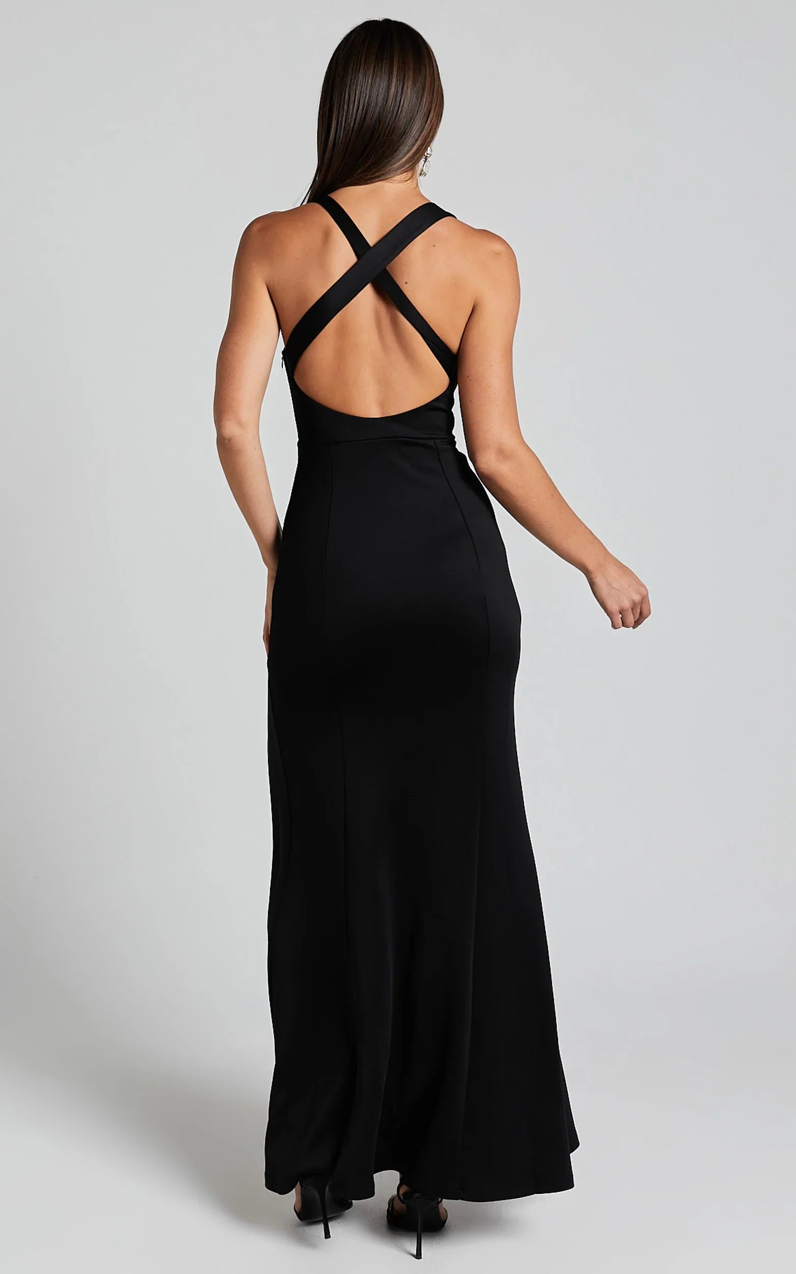 Lainie Maxi Dress - Straight Neck Thigh Split Cross Back in Black