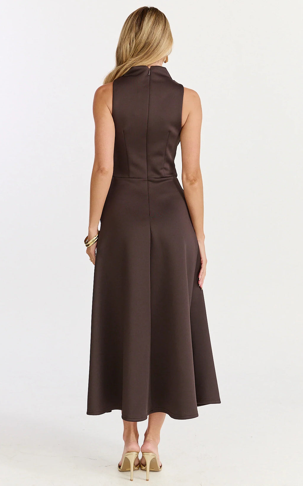 Macy Midi Dress - High Neck A Line Dress in Chocolate