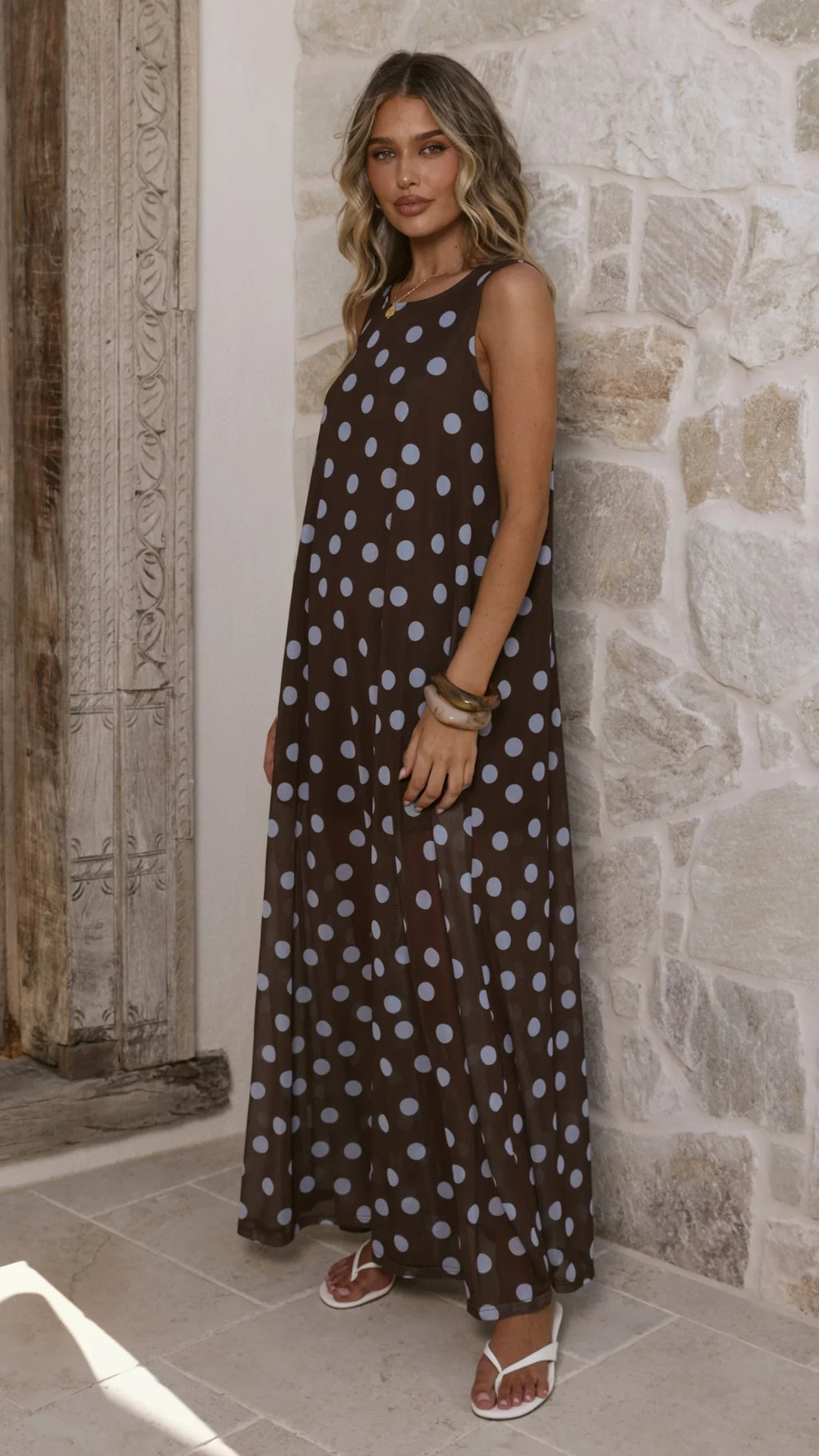Amryn Maxi Dress - Choc/Blue Polka Dot