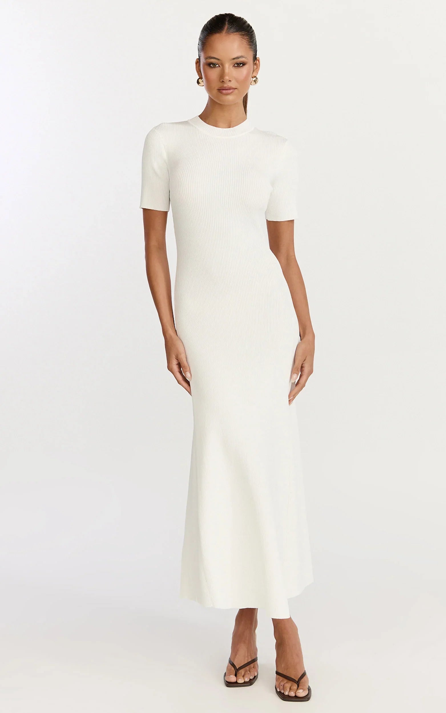 Lanie Midi Dress - Knitted Crew Neck Short Sleeve Dress in Cream