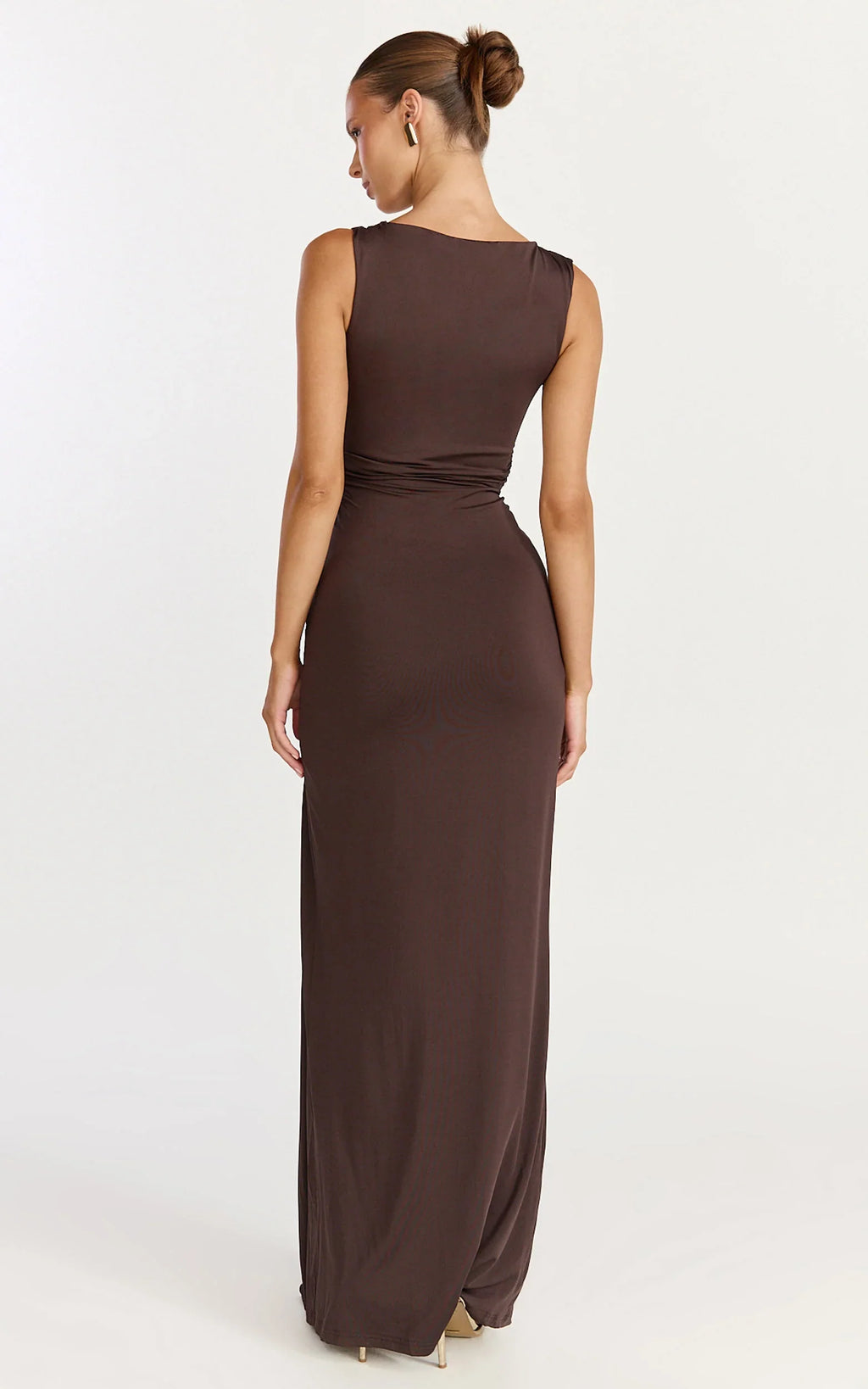 Coraline Maxi Dress - High Neck Sleeveless Draped Sash Dress in Chocolate