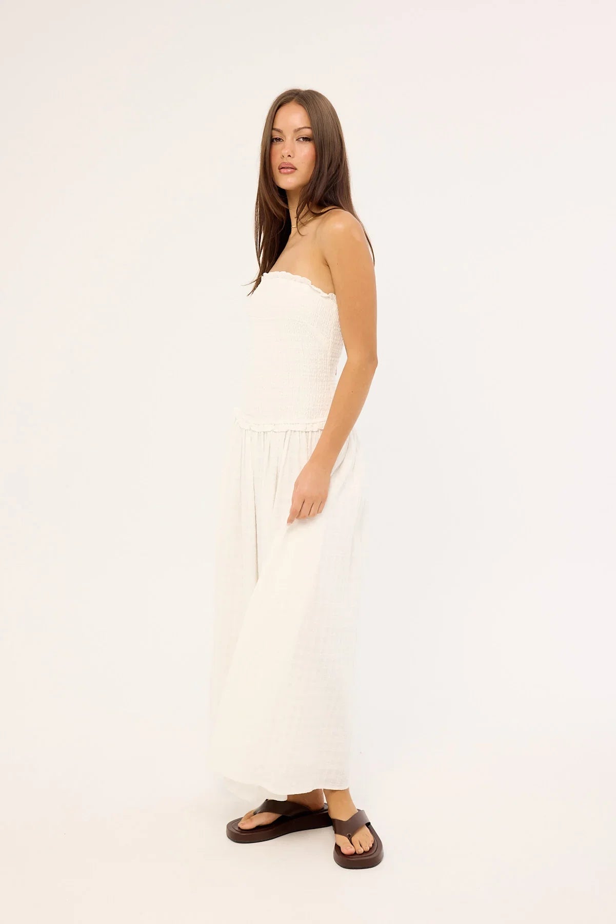 Luck & Trouble Ashton Shirred Midi Dress White