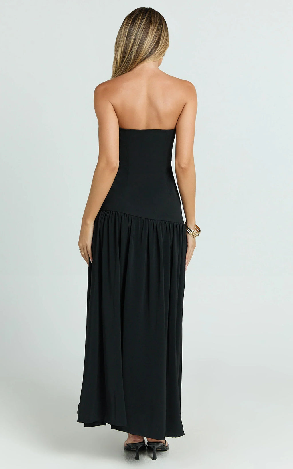 Nadiane Midi Dress - Strapless Asymmetric Drop Waist Dress in Black