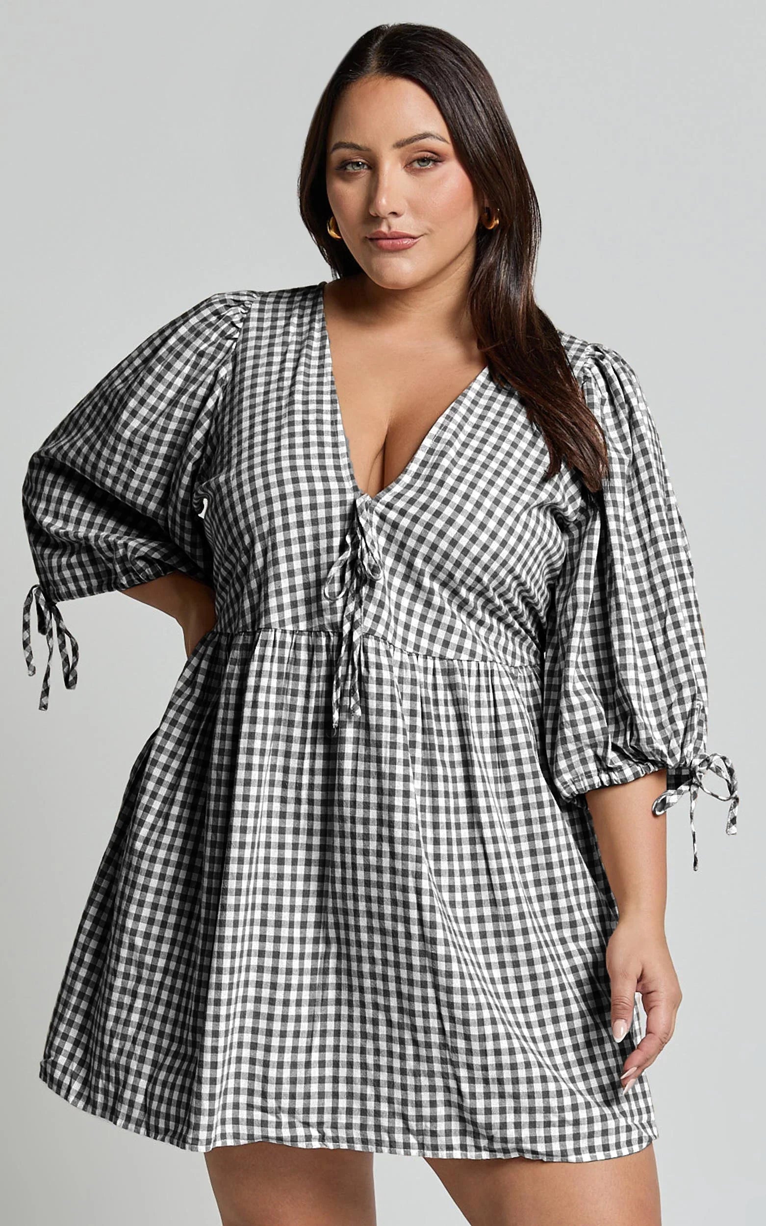 Rosita Mini Dress - Tie Front Puff Sleeve Dress in Black and White Check