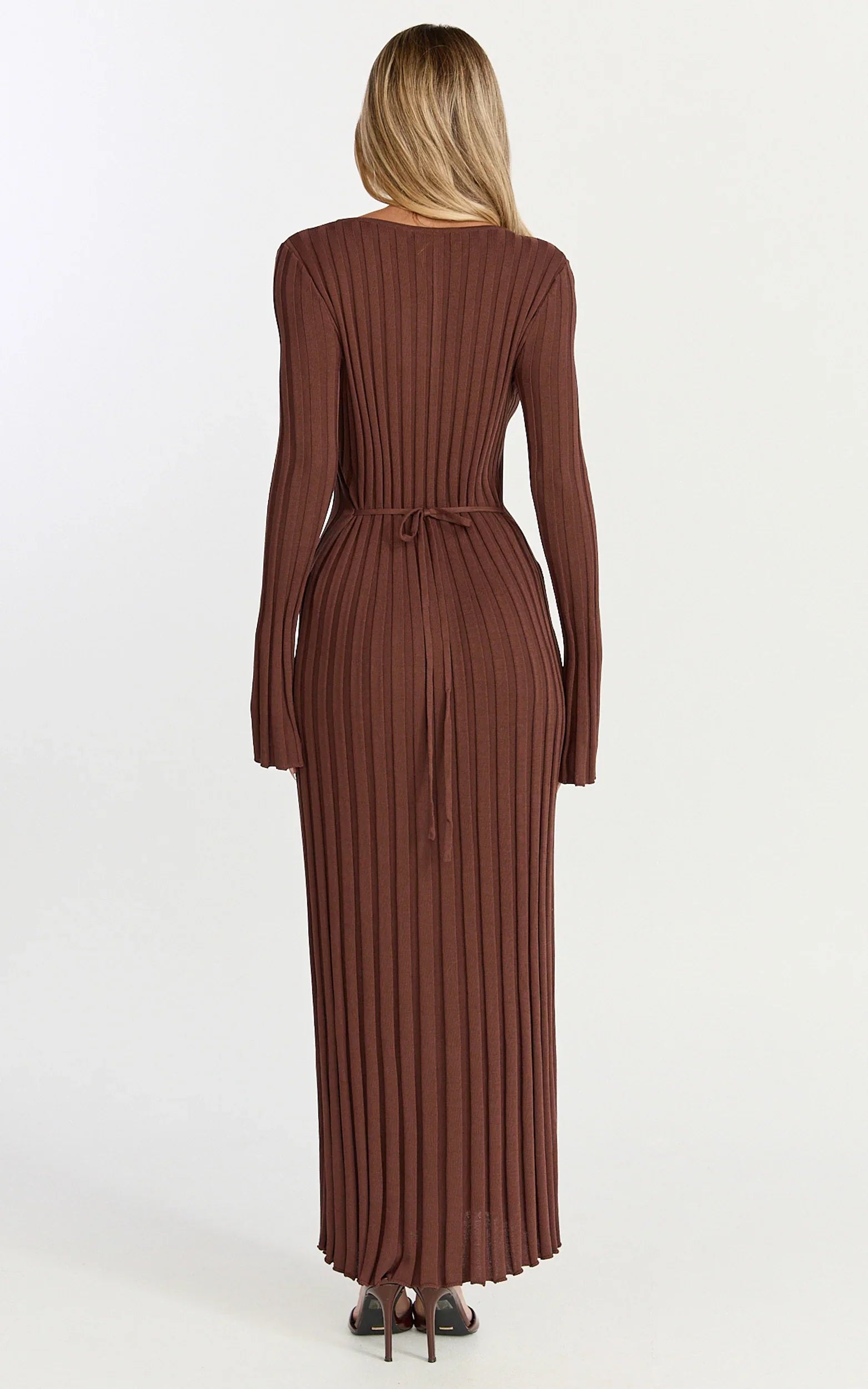 Astra Maxi Dress - V Neck Long Sleeve Knit Dress in Chocolate