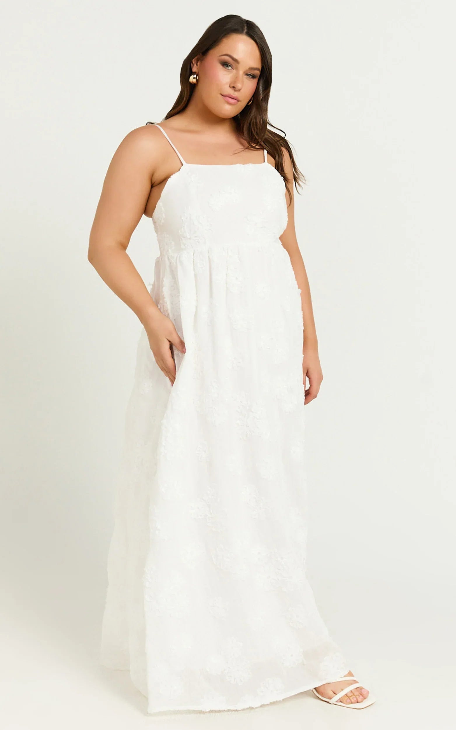 Claya Midi Dress - Sleeveless Straight Neckline Floral Detail Dress in White Embroidery