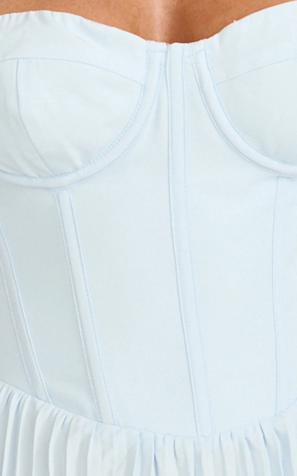 Loretta Midi Dress - Lace Up Back Bustier Pleated Dress in Light Blue