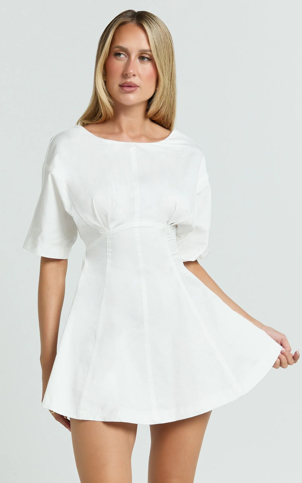 Dylan Mini Dress - High Boatneck Sleeved Fit And Flare Skirt Dress in White