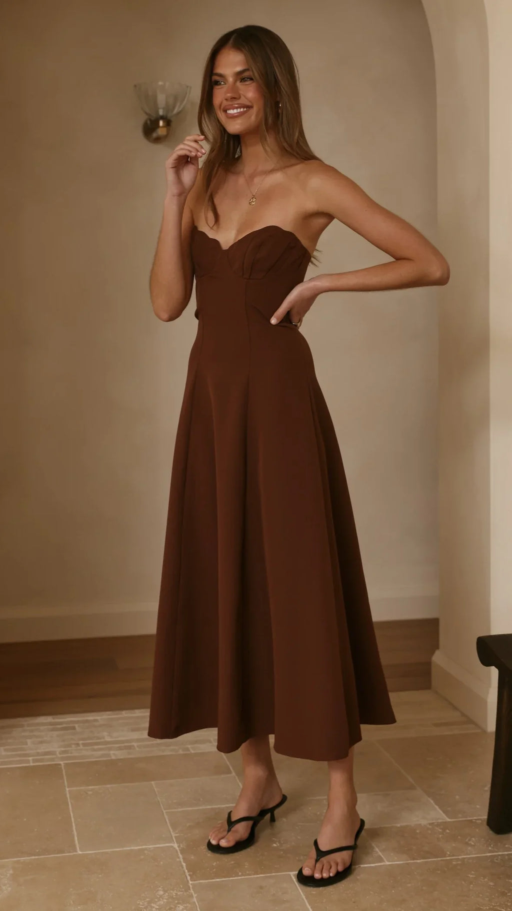 Janessa Strapless Midi Dress - Chocolate