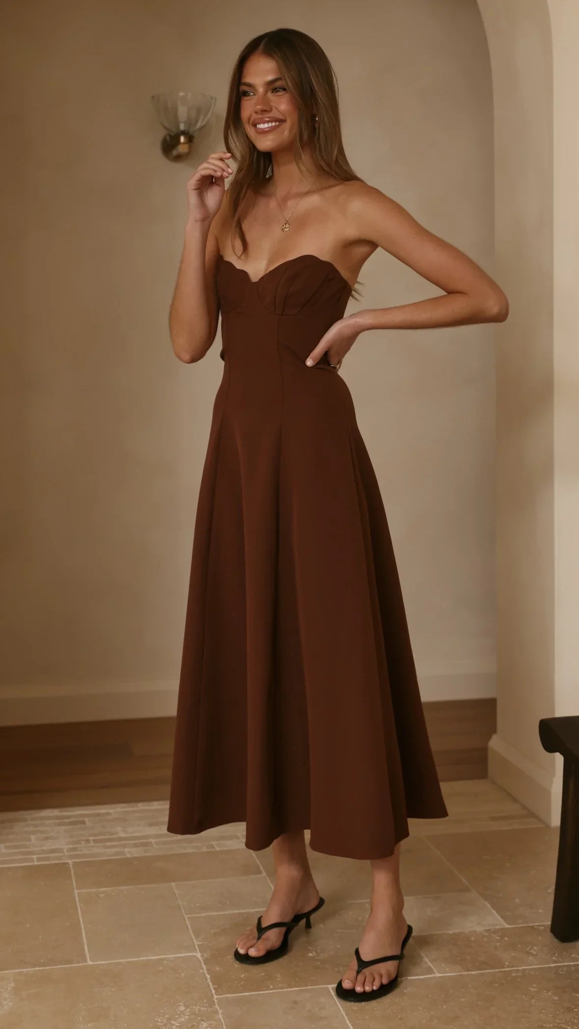Janessa Strapless Midi Dress - Chocolate