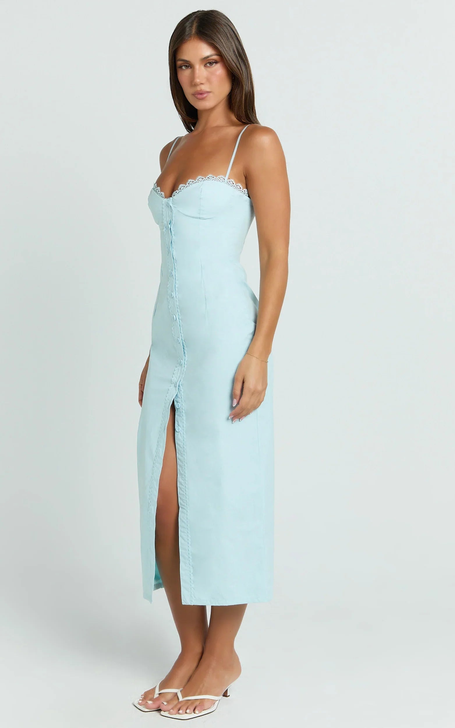 Anessa Midi Dress - Button Front Bustier Fitted Dress in Blue