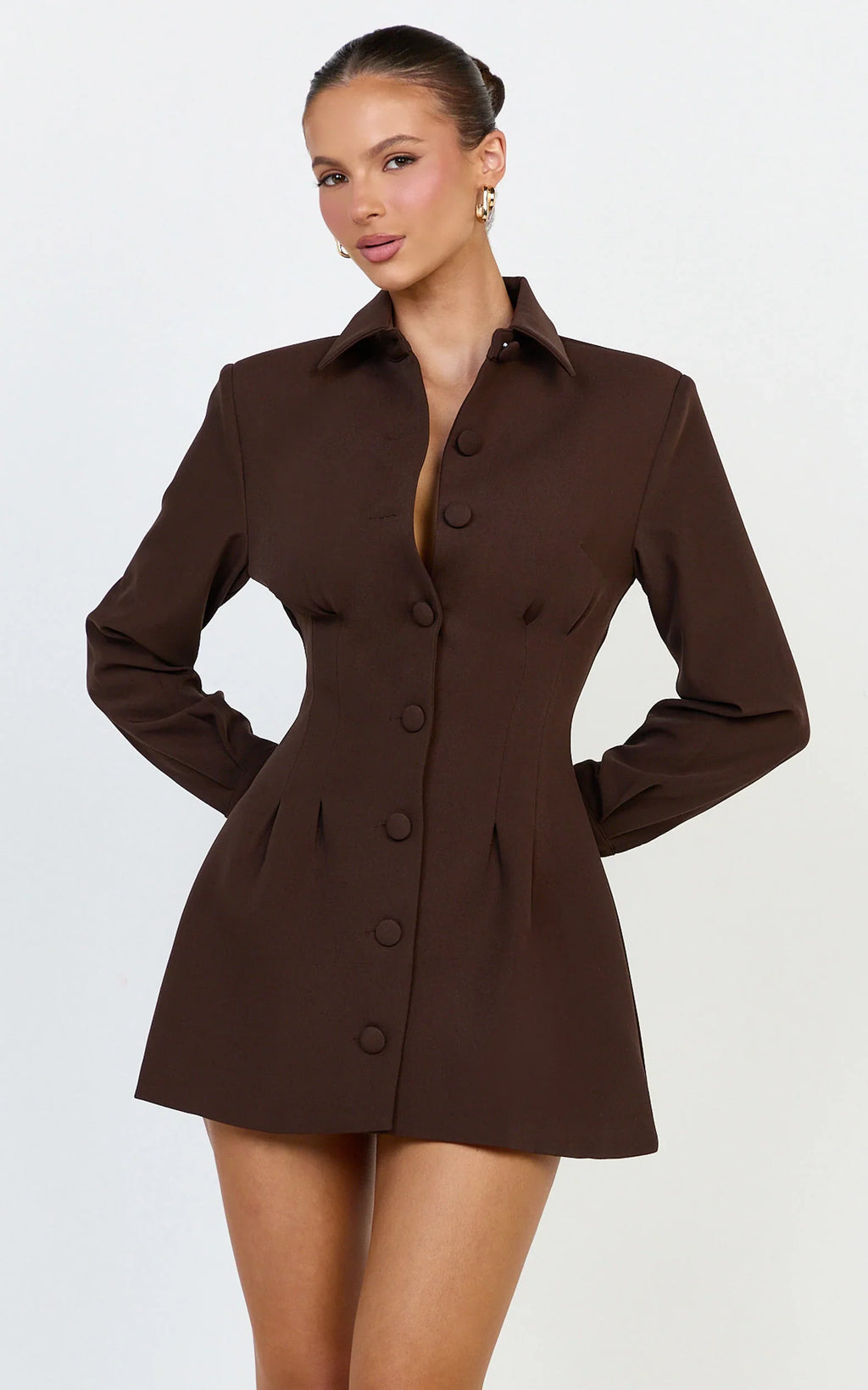 Thelma Mini Dress - Button Front Pleat Waist Tulip Skirt Shirtdress in Chocolate