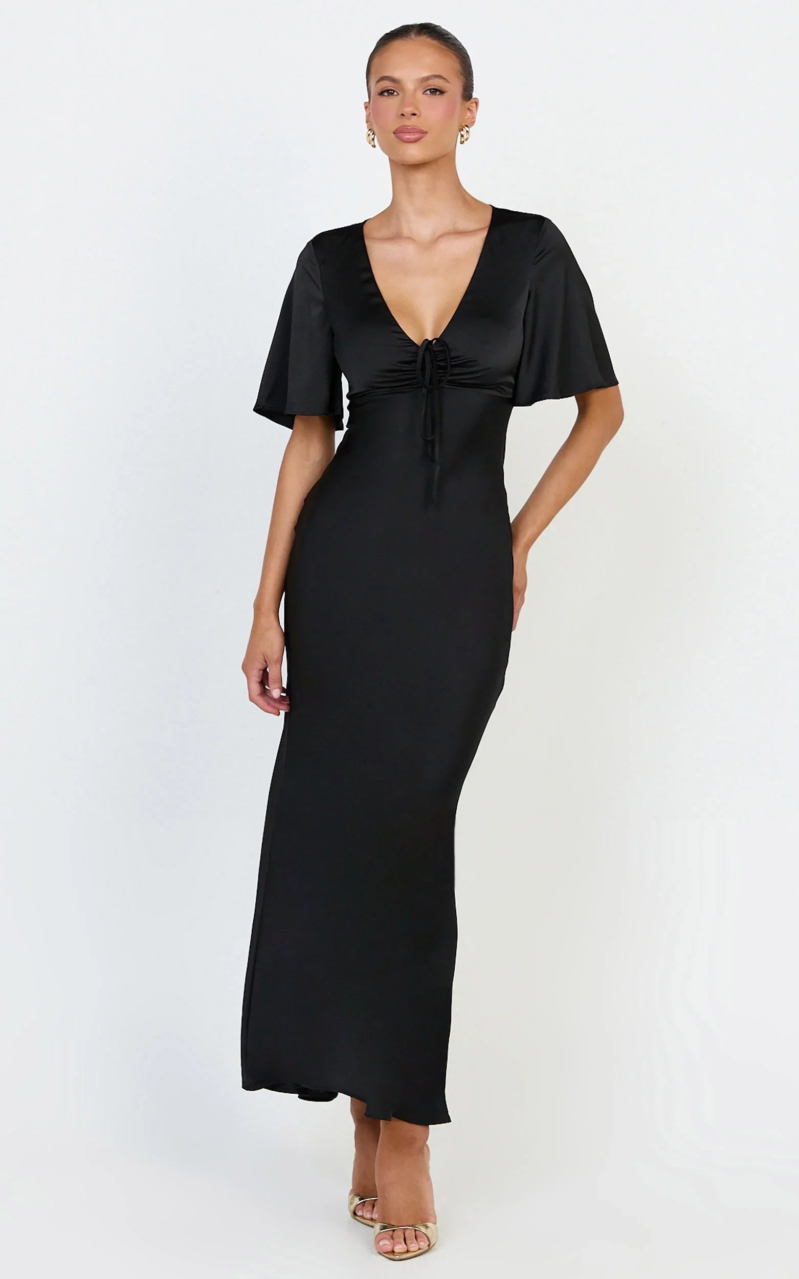 Amelie Maxi Dress - Ruched Front Angel Sleeve Satin Dress in Black