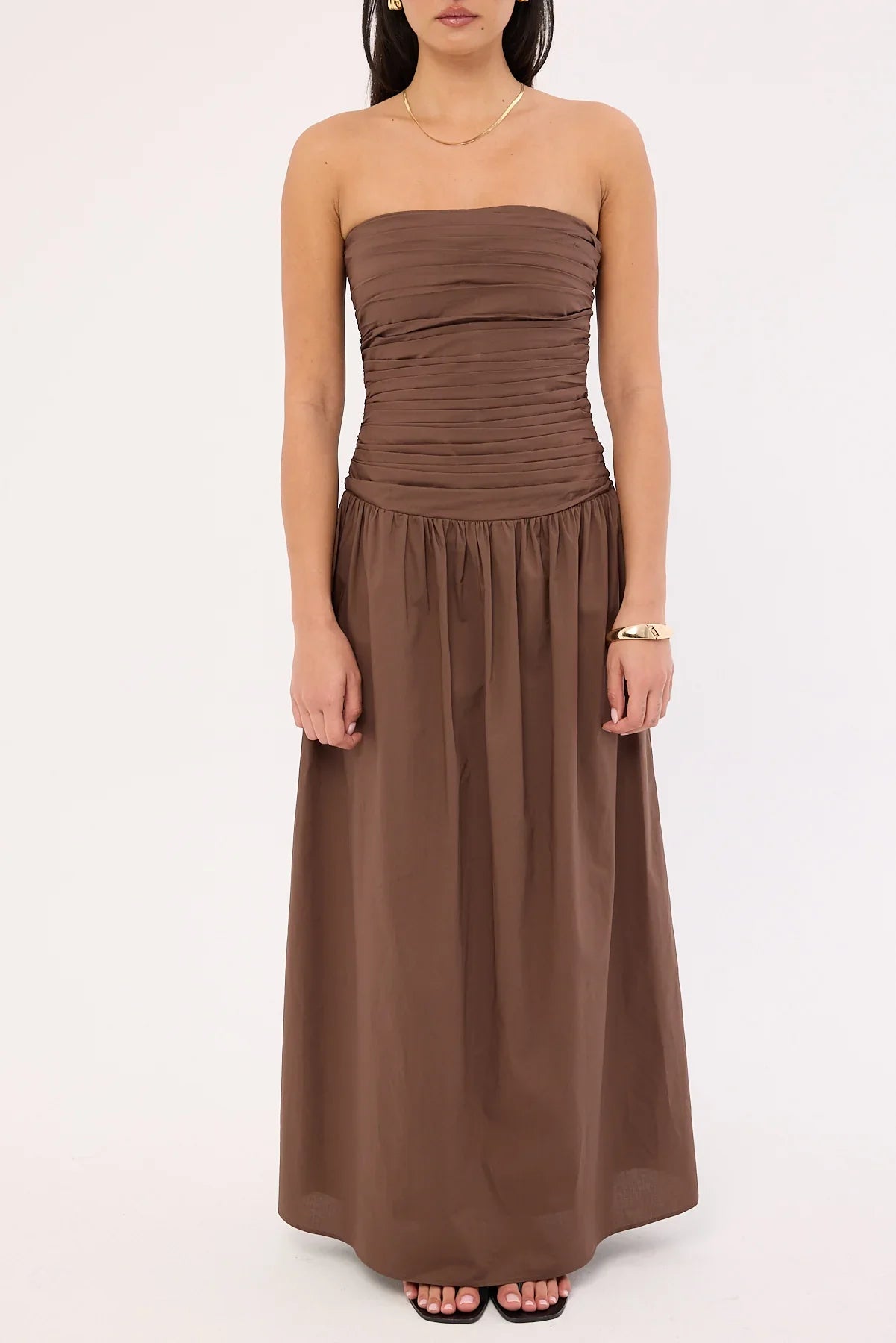 Luck & Trouble Strapless Drop Waist Midi Dress Brown