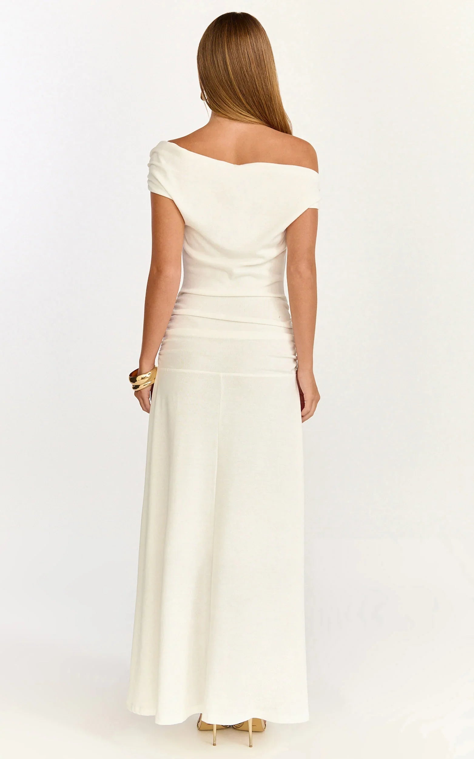 Ophelia Maxi Dress - Off Shoulder Ruched Fit And Flare Dress in Ivory