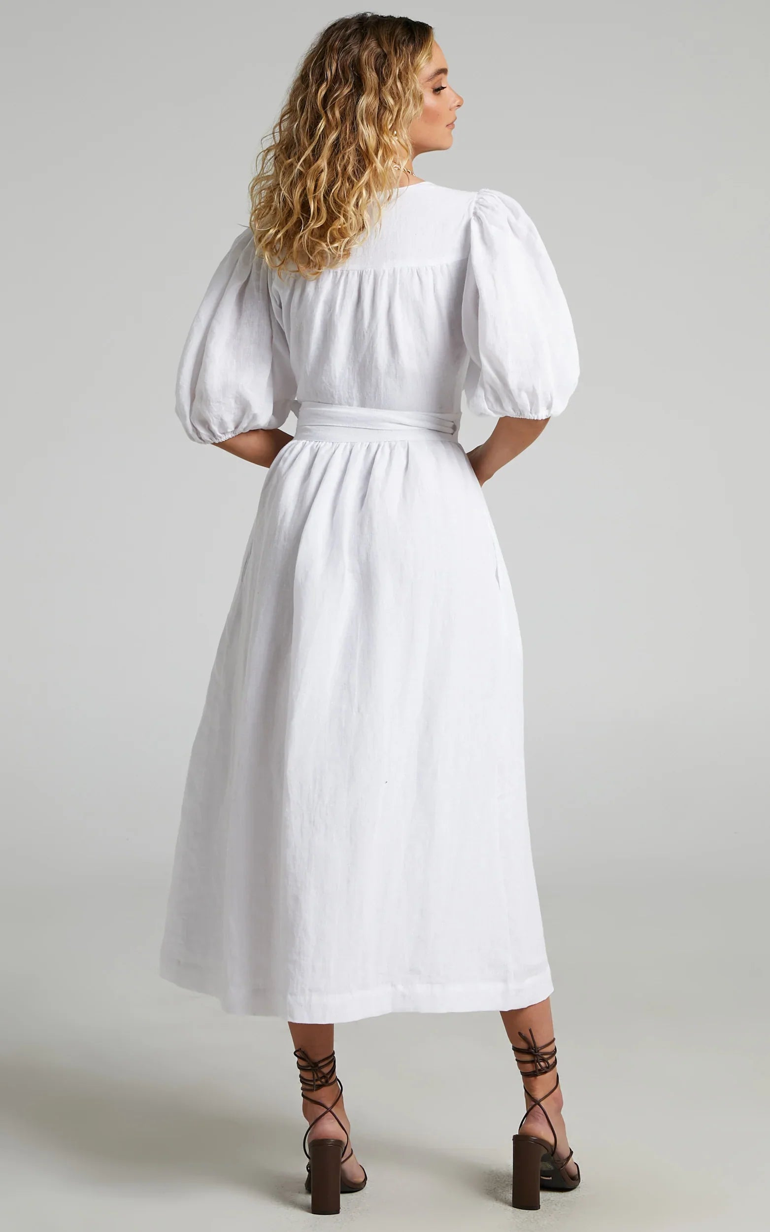 Amalie The Label - Franc Linen Puff Sleeve Wrap Midi Linen Dress - In White