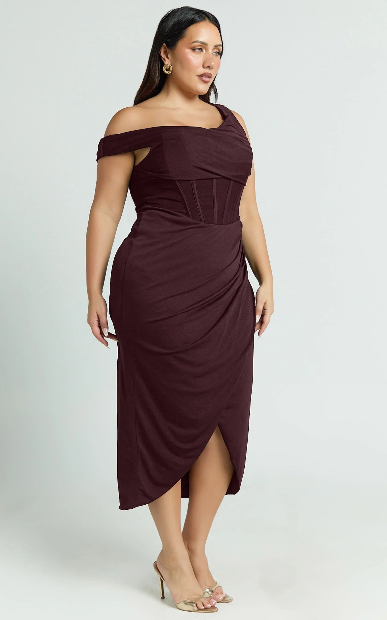 Aidia Midi Dress - Off Shoulder Draped Corset Dress in Burgundy