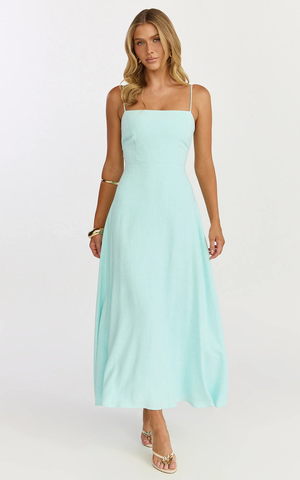 Rose Midi Dress - Strappy Straight Neck Midi Dress in Mint