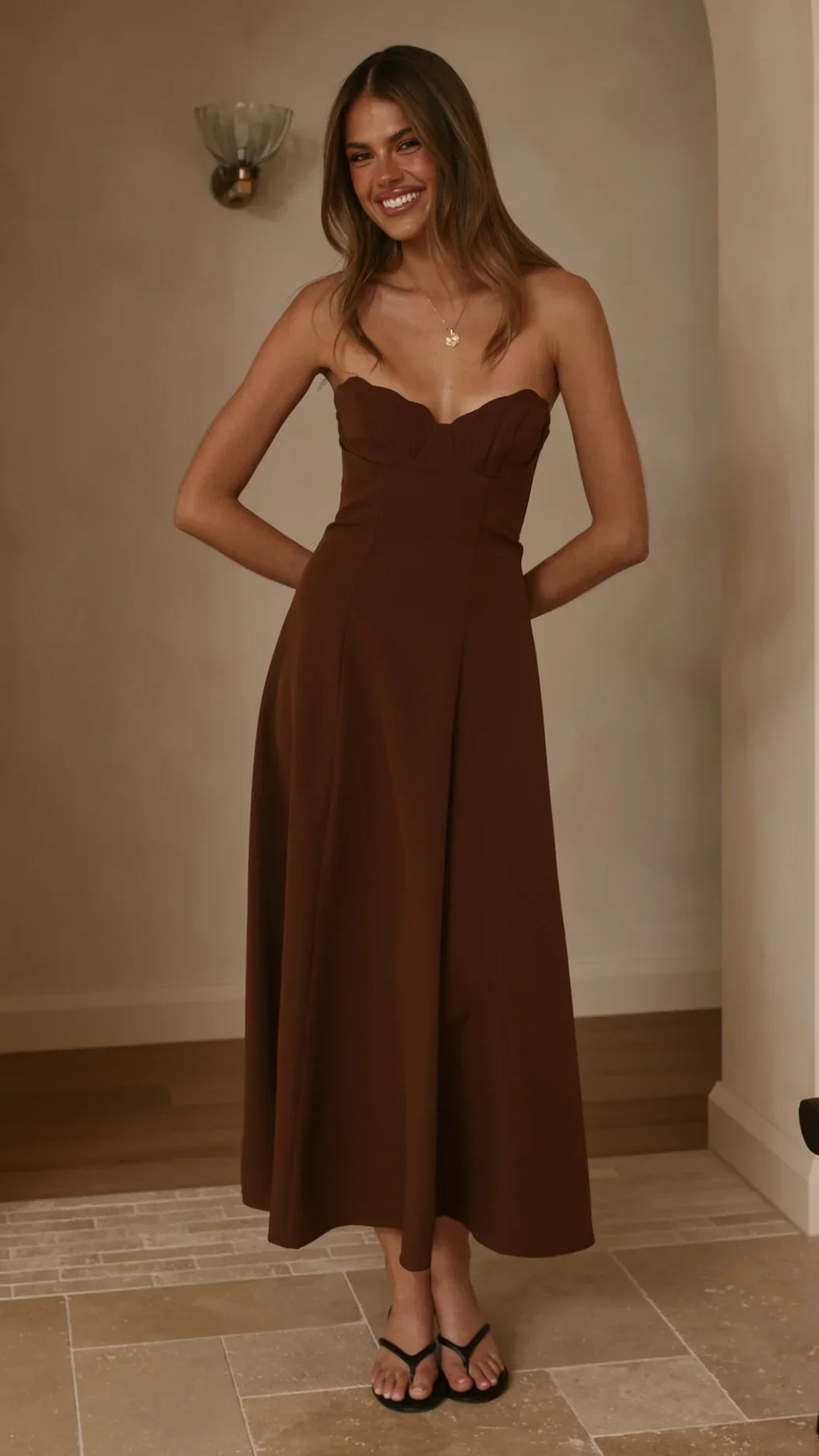 Janessa Strapless Midi Dress - Chocolate