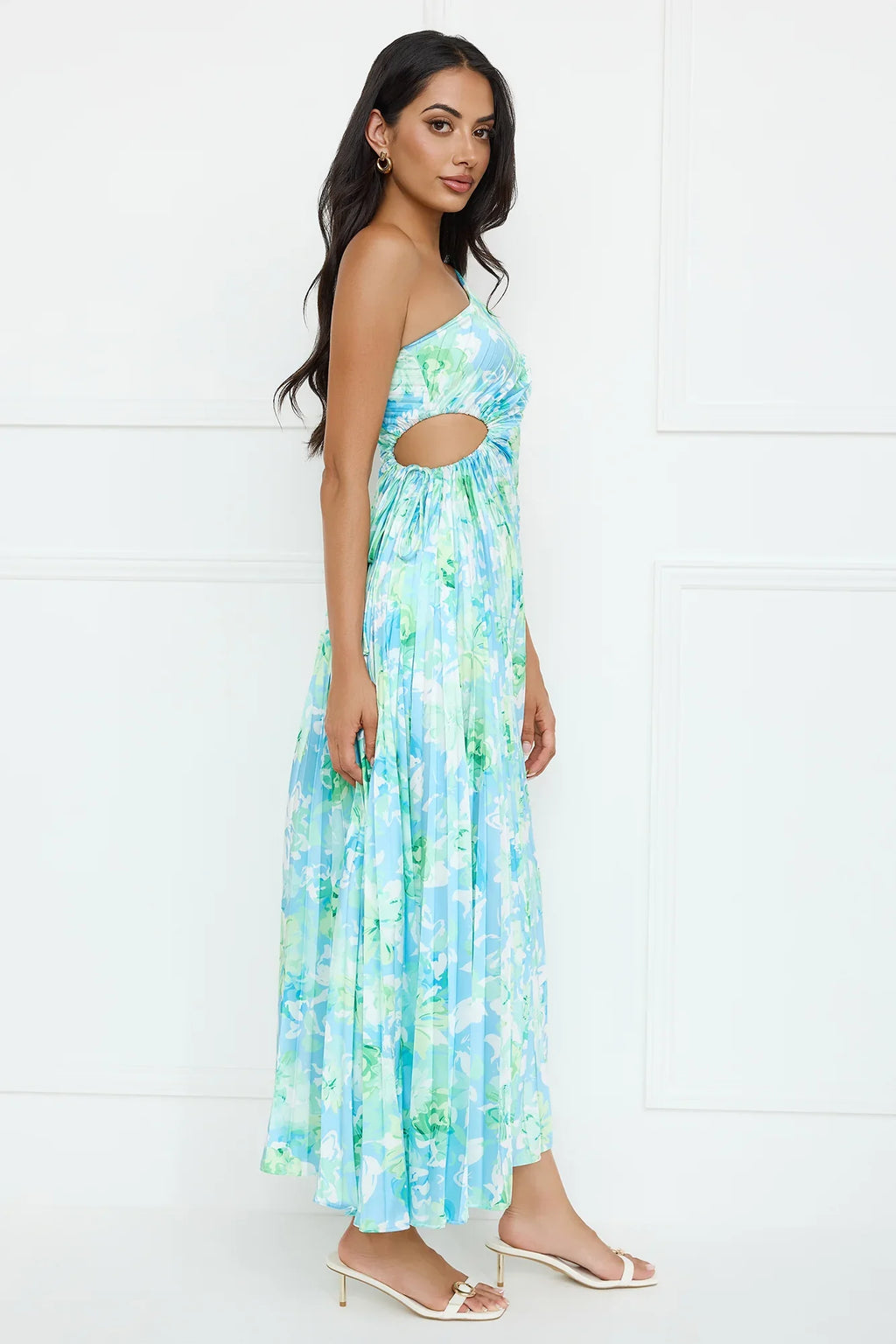Emerald Ice One Shoulder Satin Pleated Maxi Dress Blue