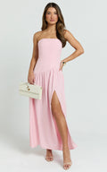 Nadiane Midi Dress - Strapless Asymmetric Drop Waist Dress in Pink