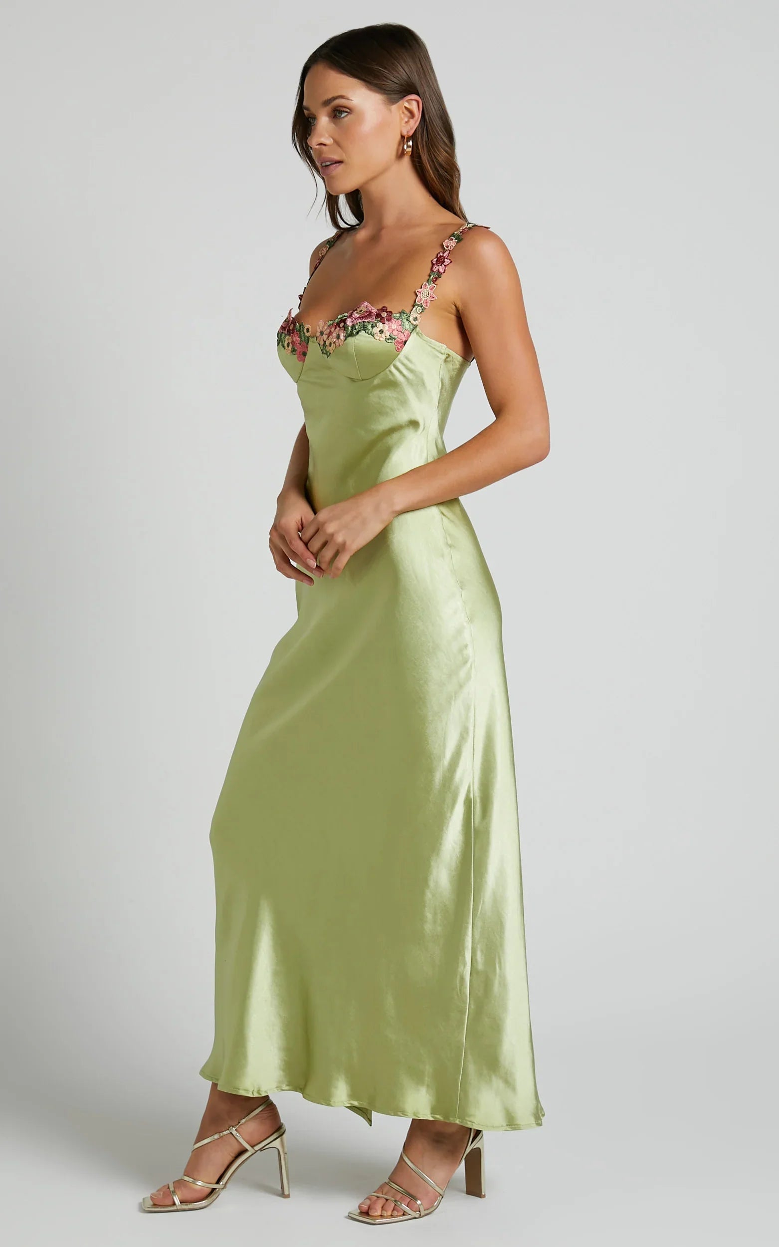 Harmony Maxi Dress - Floral Detail Cup Bust Satin Dress in Citrus