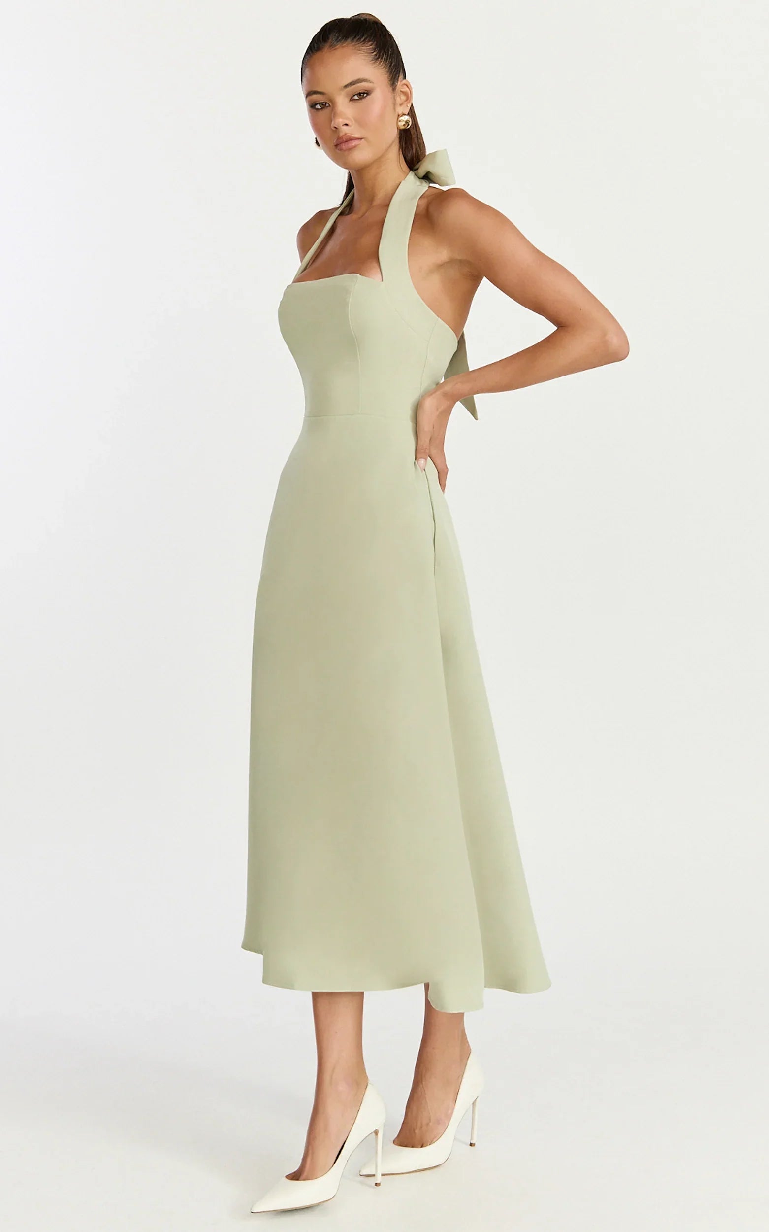 Karissa Midi Dress - Halter Neck Fitted Bodice Midi Soft A Line Skirt Dress in Pistachio