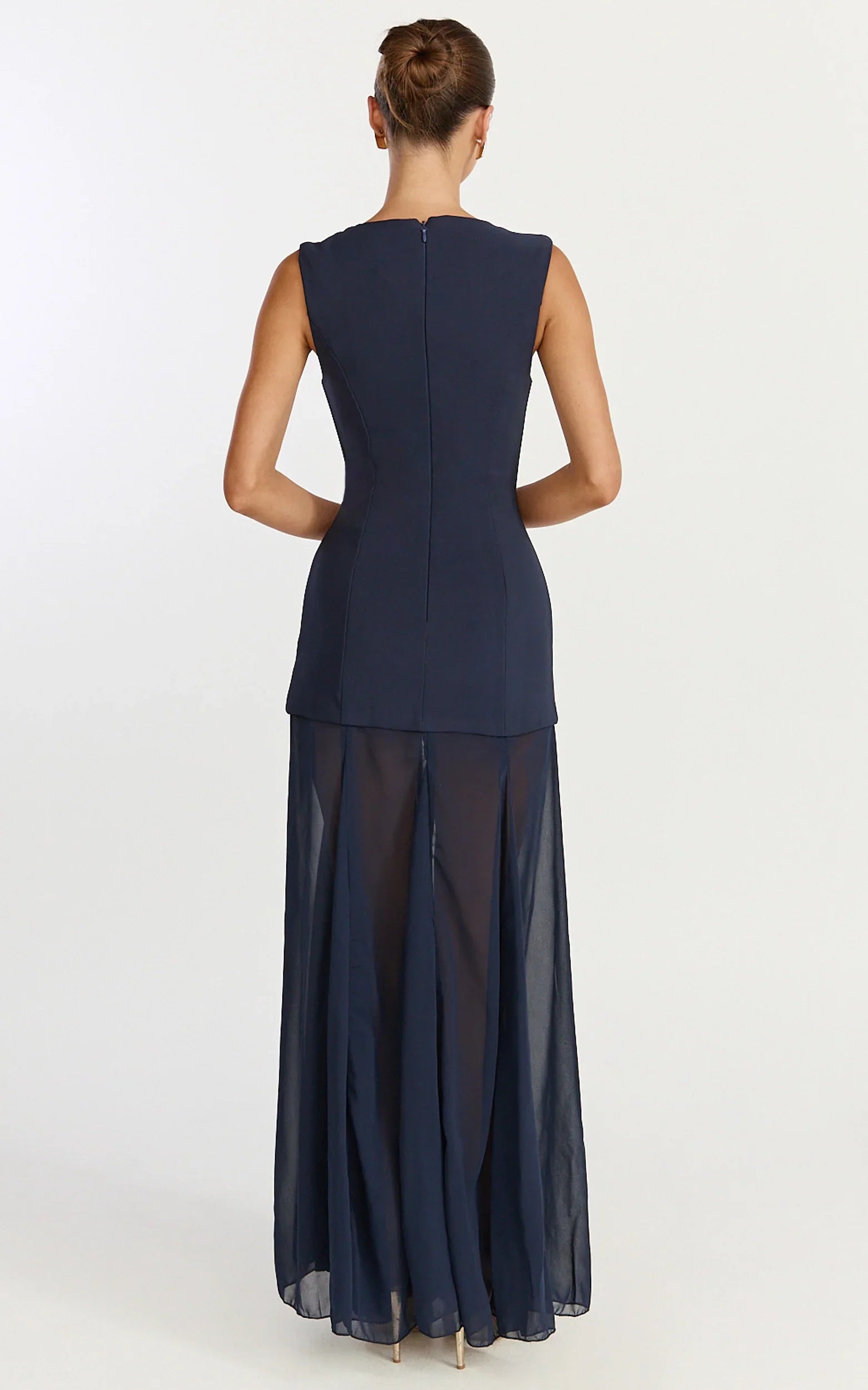 Frances Maxi Dress - Contrast U Neck Godet A Line Dress in Navy
