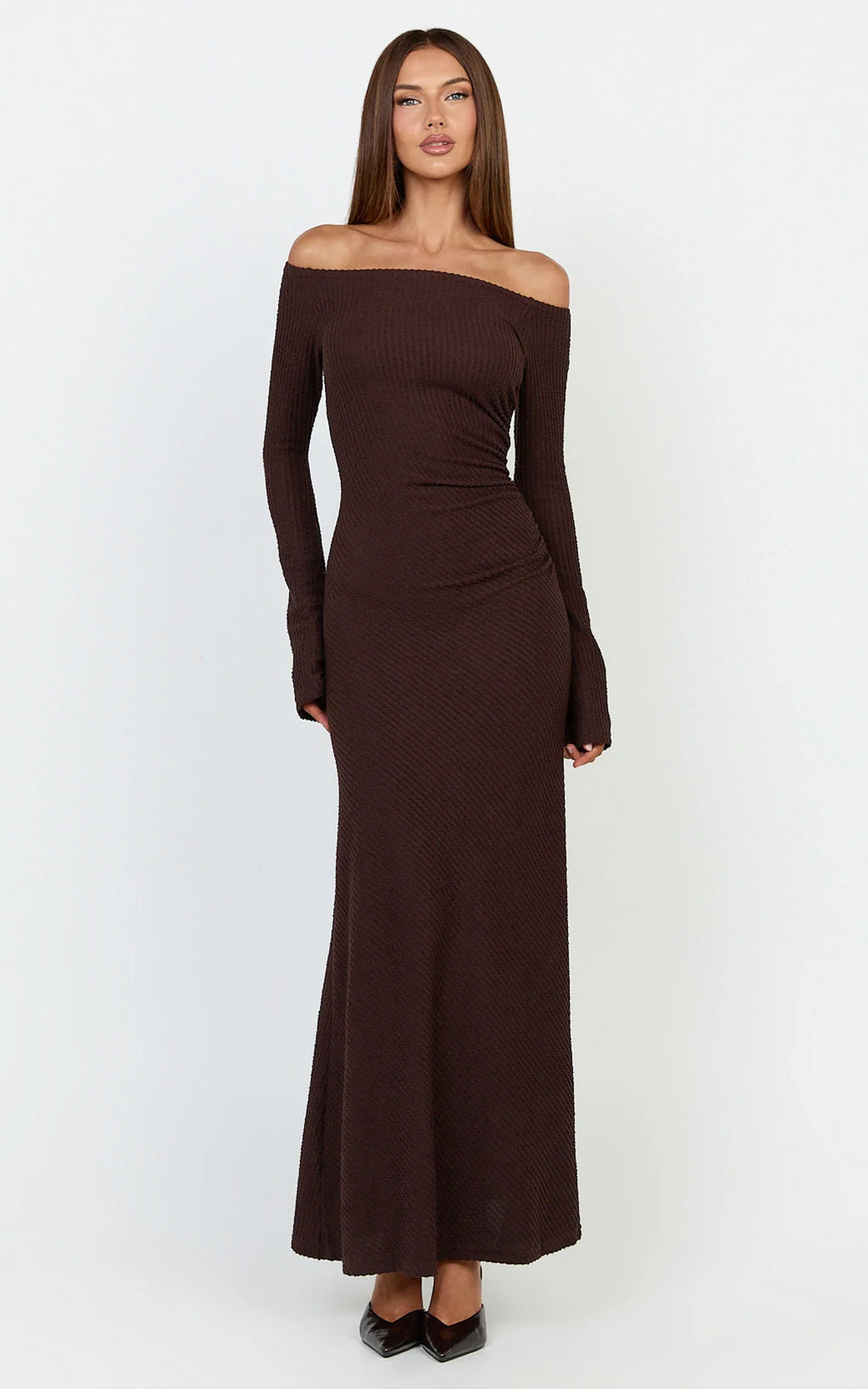 Ayla Maxi Dress - Off Shoulder Flared Sleeve Bodycon Dress in Chocolate