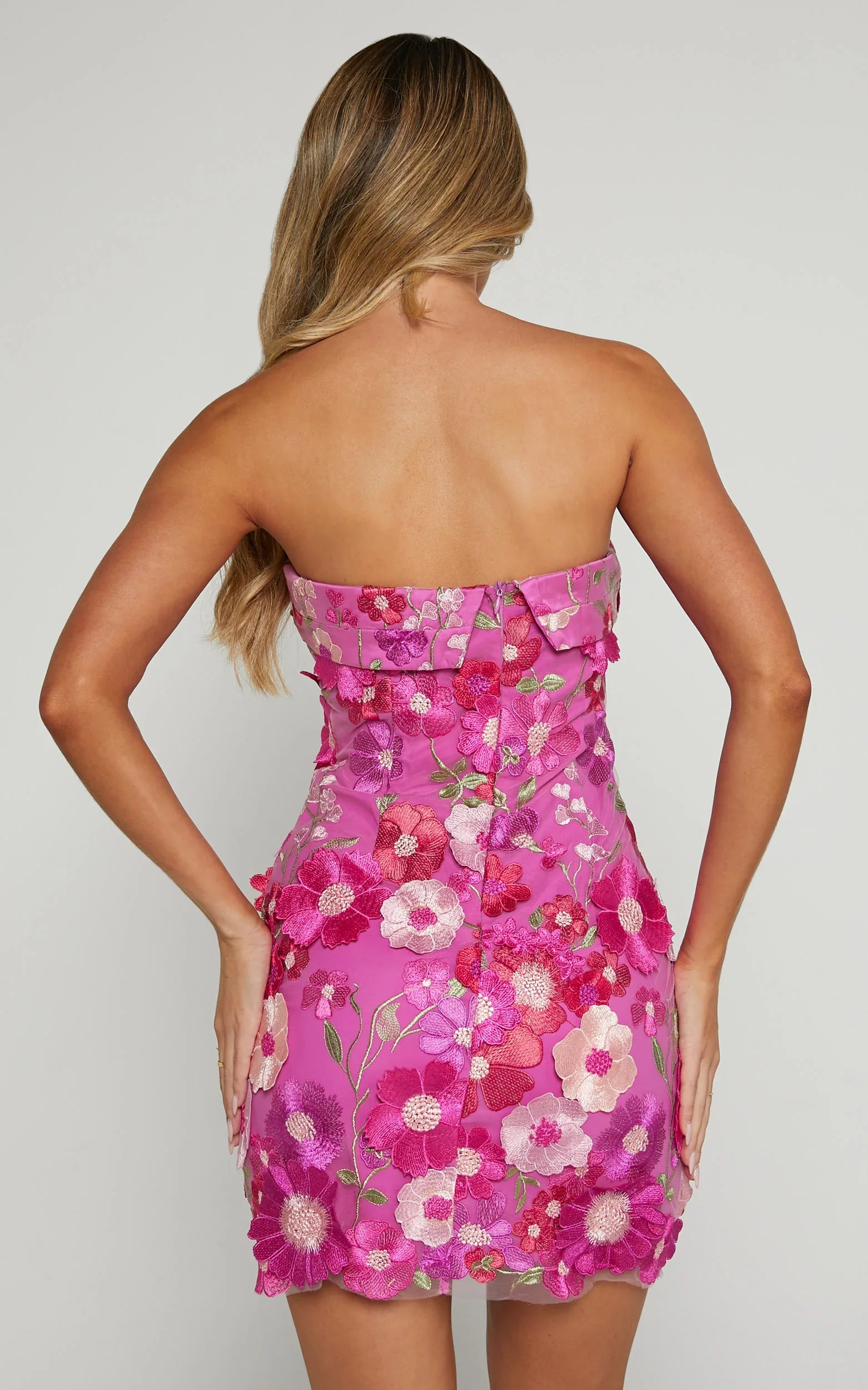 Wren Mini Dress - Strapless Bodycon Garden Flowers Dress in Magenta