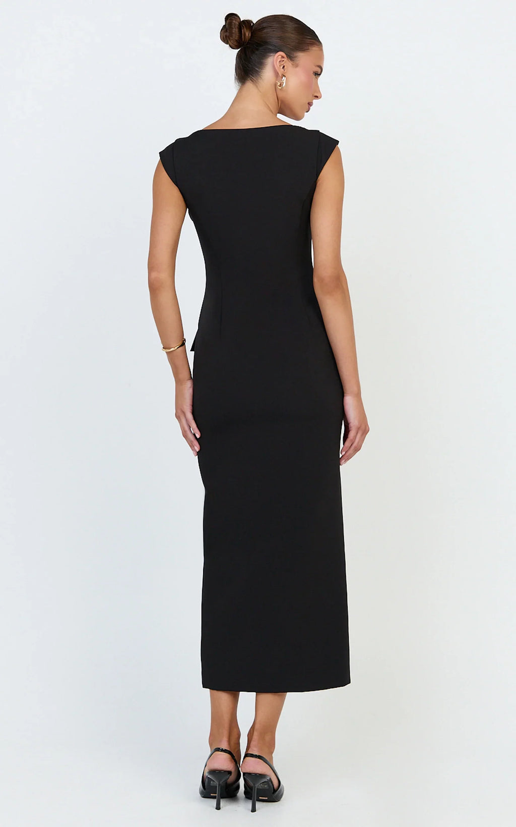 Calista Midi Dress - Boat Neck Button Down Pencil Dress in Black