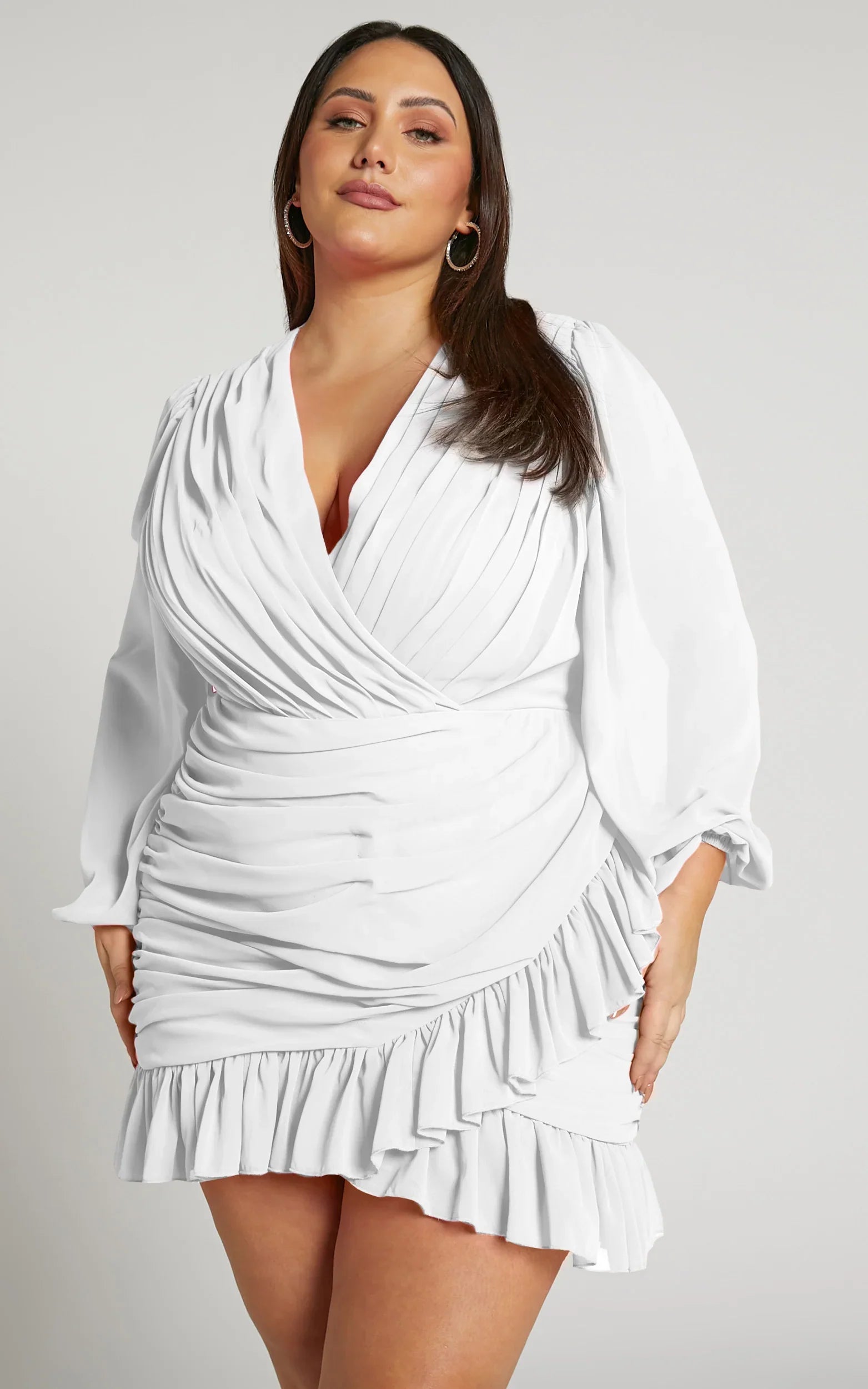 Can I Be Your Honey Mini Dress - Plunge Balloon Sleeve Dress in White