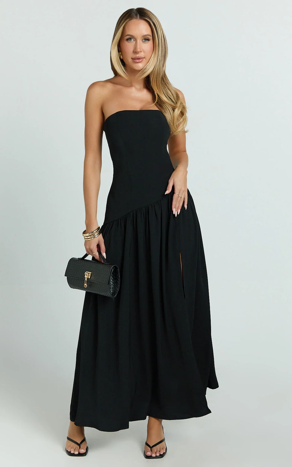 Nadiane Midi Dress - Strapless Asymmetric Drop Waist Dress in Black