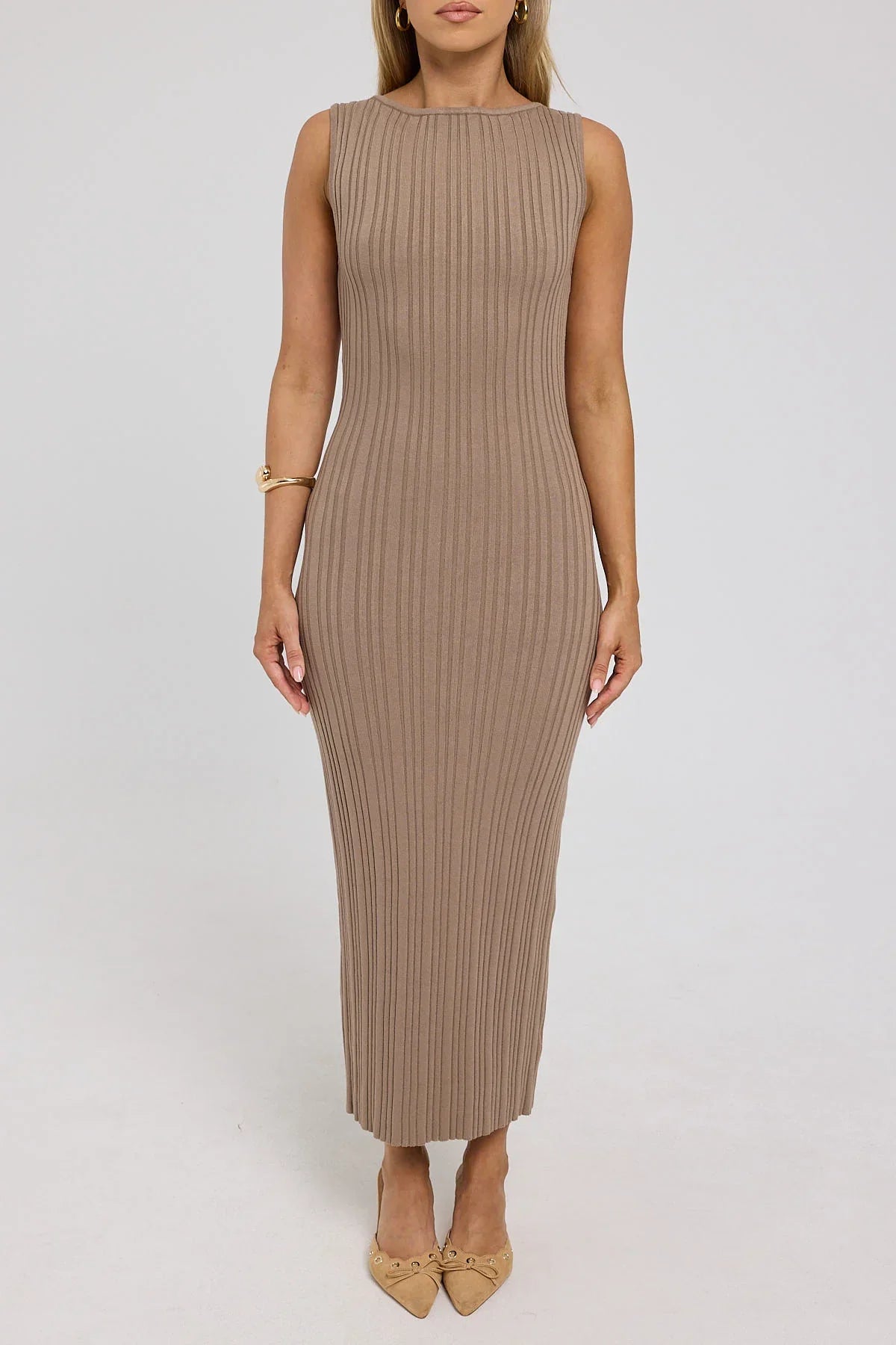 Luck & Trouble Rib High Neck Open Back Knit Midi Dress Tan