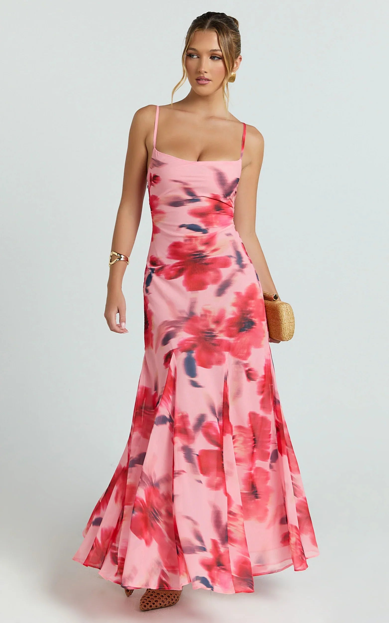 Claudia Maxi Dress - Floral Cowl Neck Godet Dress in Pink Floral