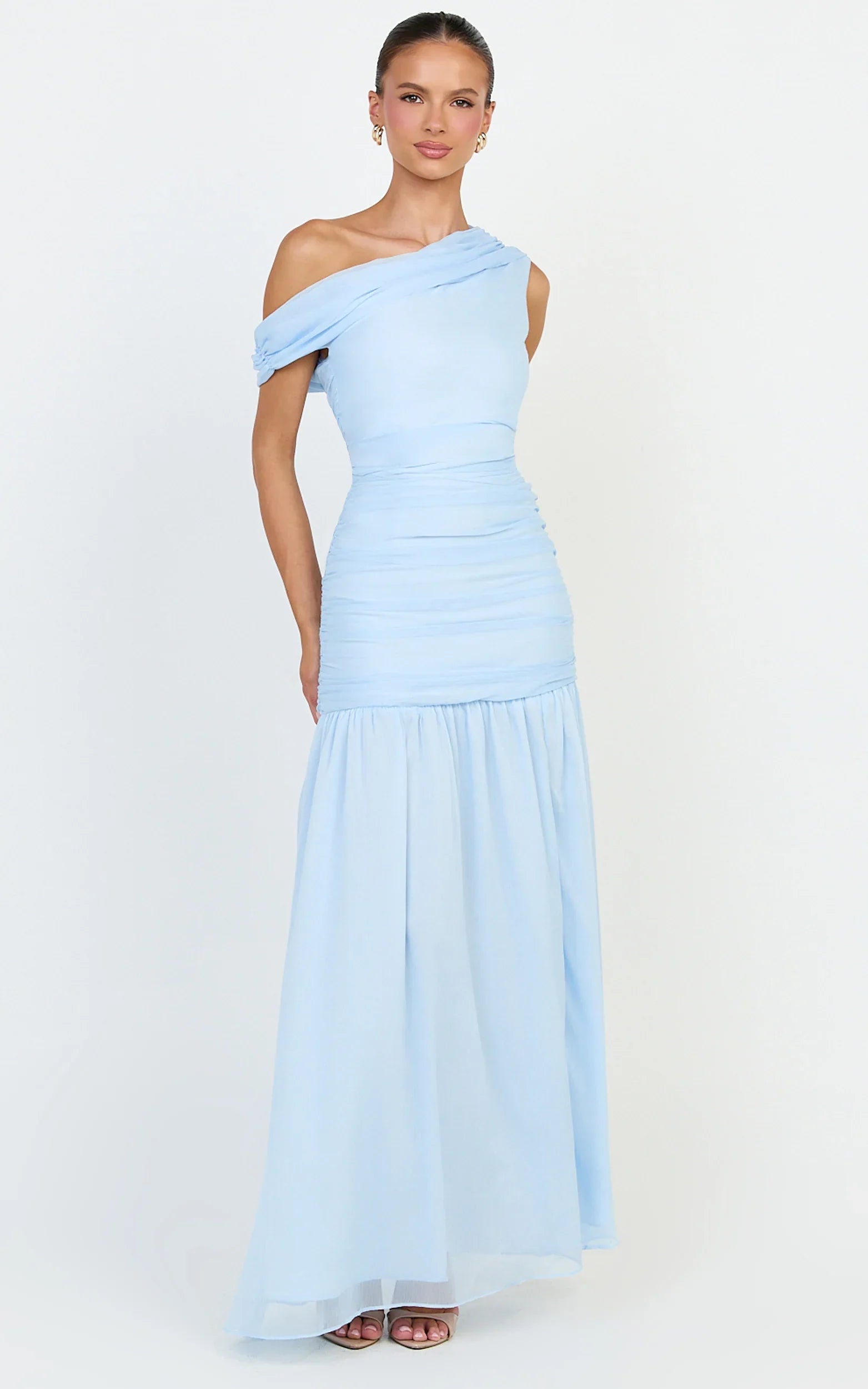 Oceane Maxi Dress - Draped Off Shoulder Gathered Bodice Dress in Soft Blue