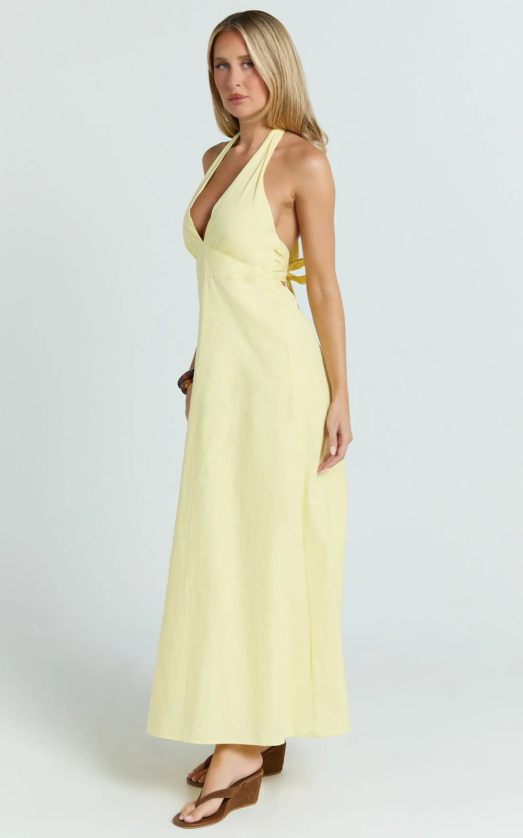 Connor Midi Dress - Halter Neck Tie Back Dress in Lemon