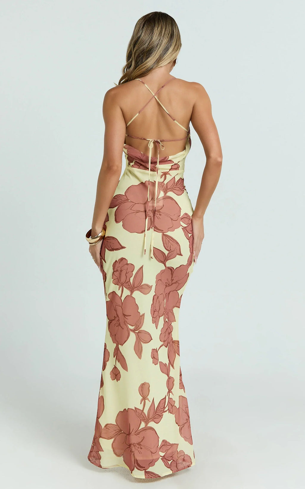 Krishna Maxi Dress - Strappy Scoop Neck Floral Placement Print Georgette Dress in Lemon Bouquet Di Fiori Print