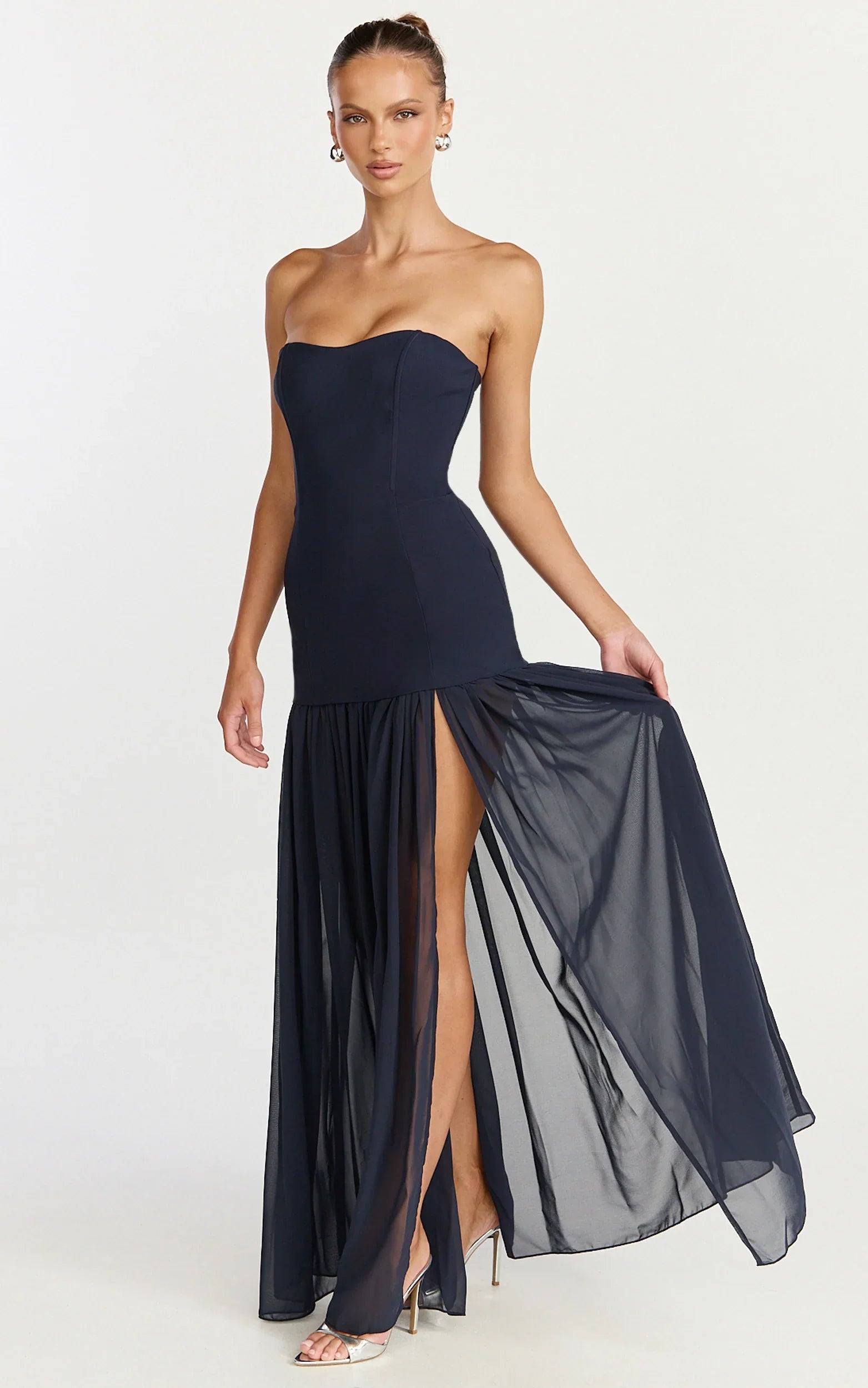 Jocelyn Maxi Dress - Strapless Ruched Fit And Flare Dress in Navy
