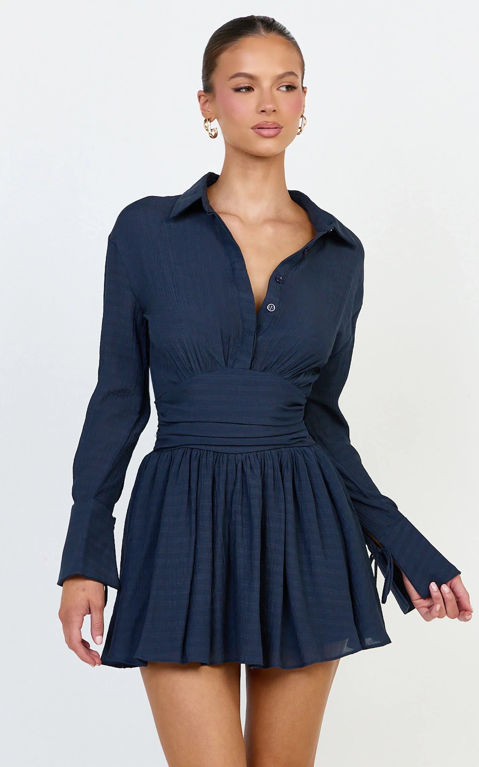 Valerie Mini Dress - Collared Long Sleeve Waist Shirt Dress in Navy